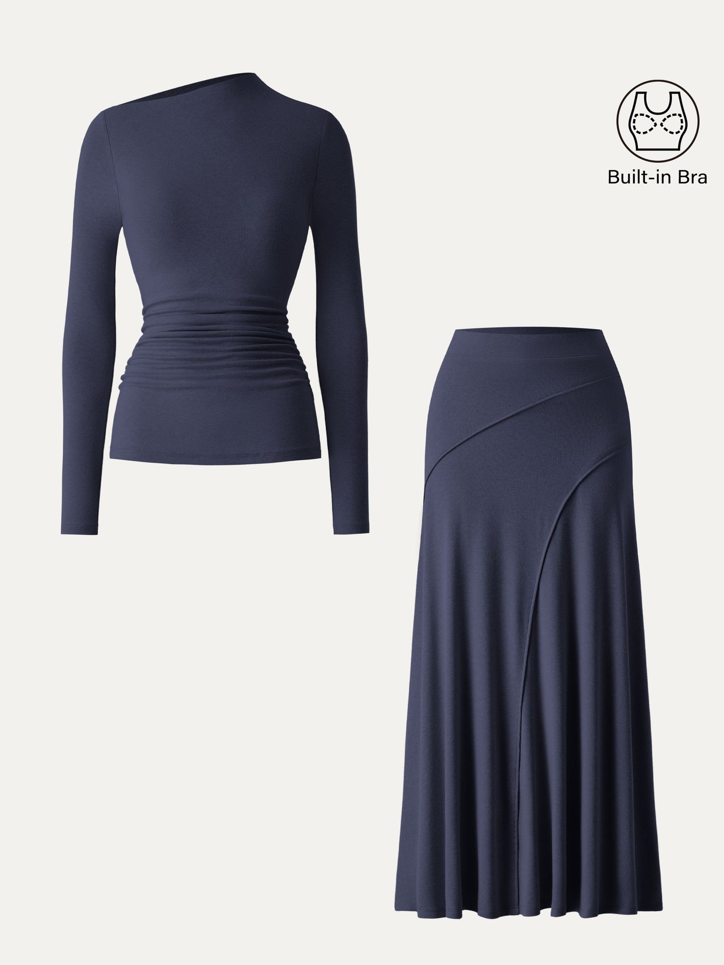 2Pcs Set Slanted Mockneck Ruched Brami & Mid Rise Pull-on Flared Maxi Skirt