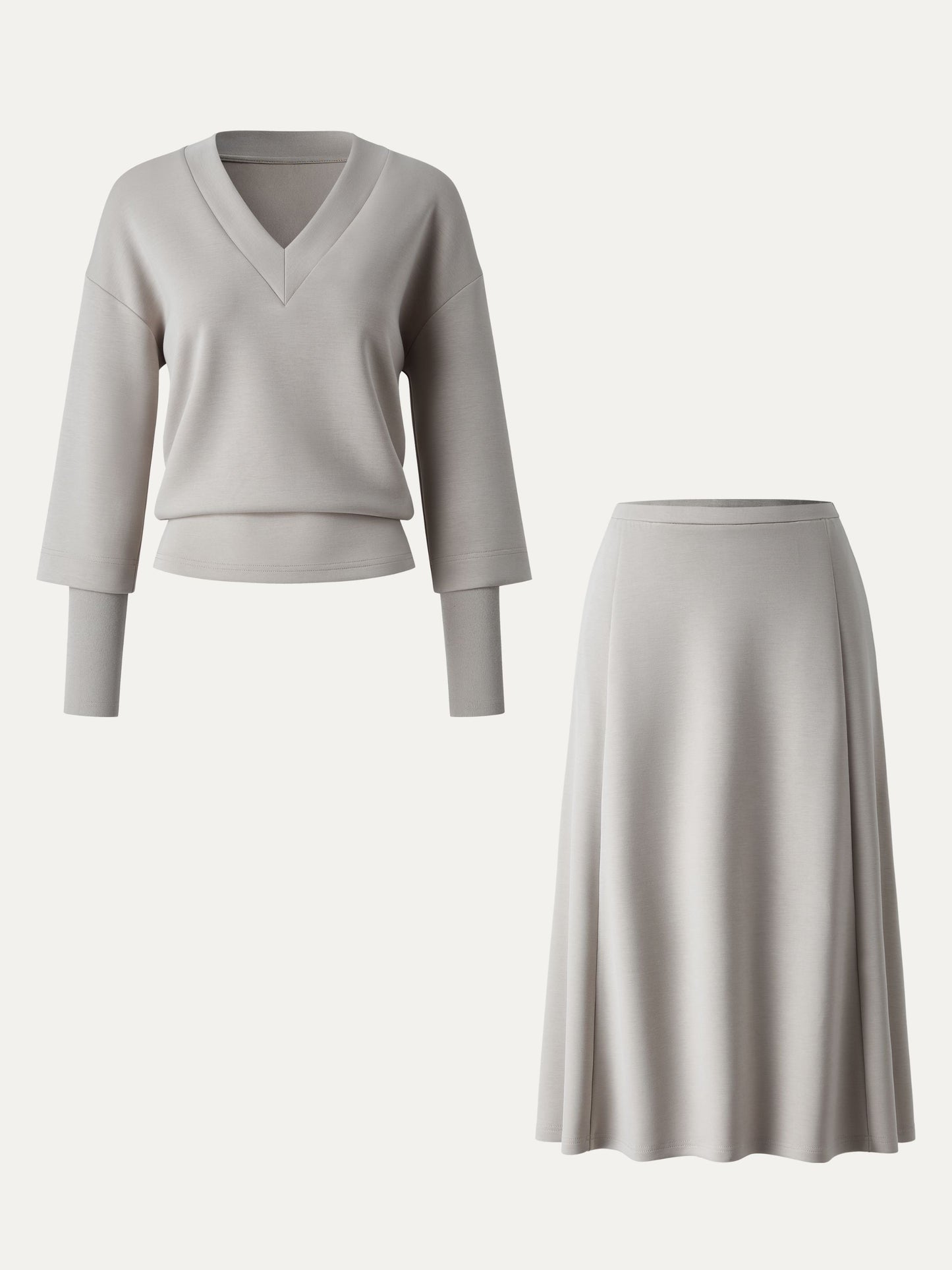 2Pcs Set V-neck Top with Sleeve Warmers & Mid Rise Flared Midi Skirt with Pockets