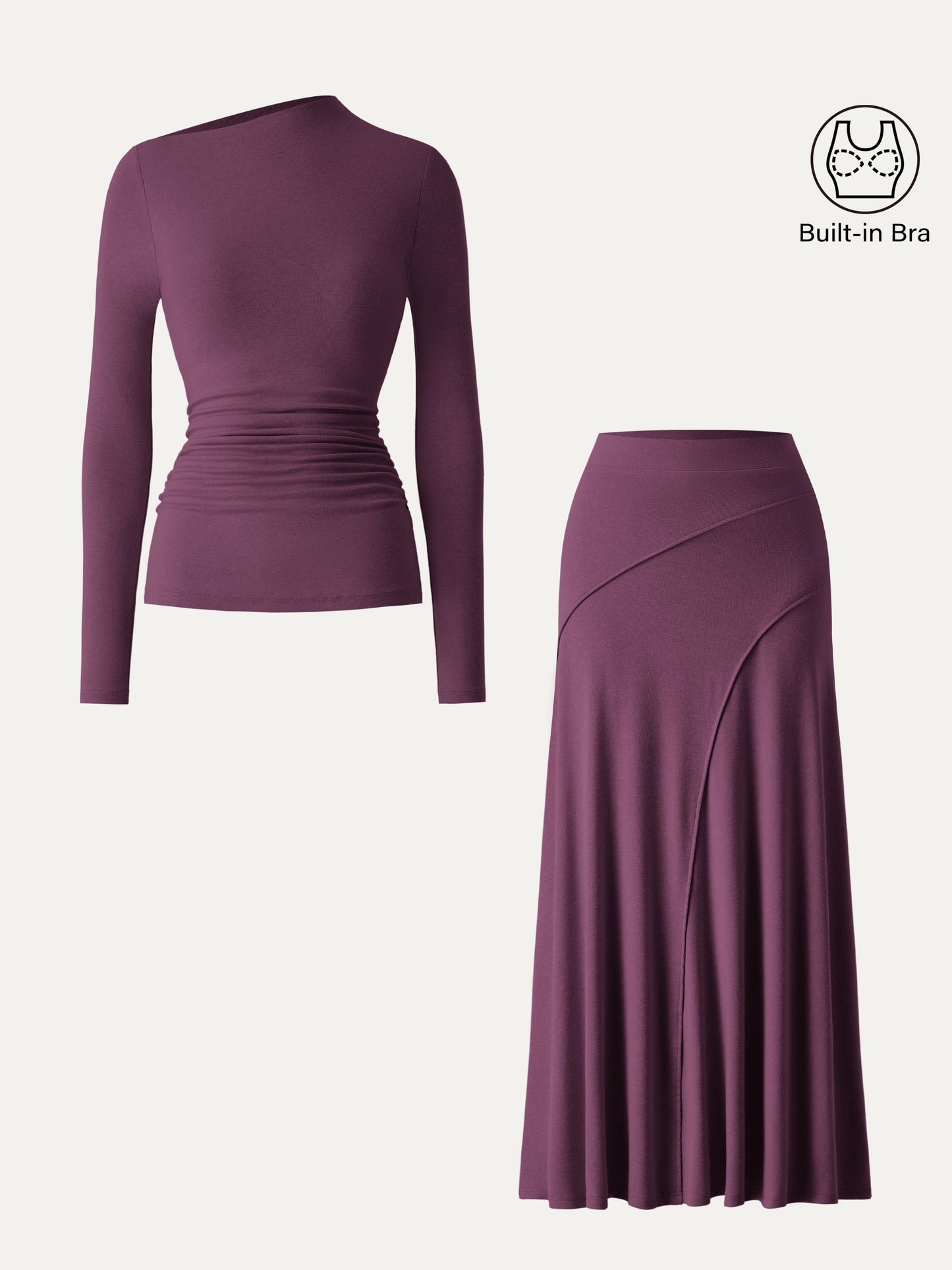 2Pcs Set Slanted Mockneck Ruched Brami & Mid Rise Pull-on Flared Maxi Skirt
