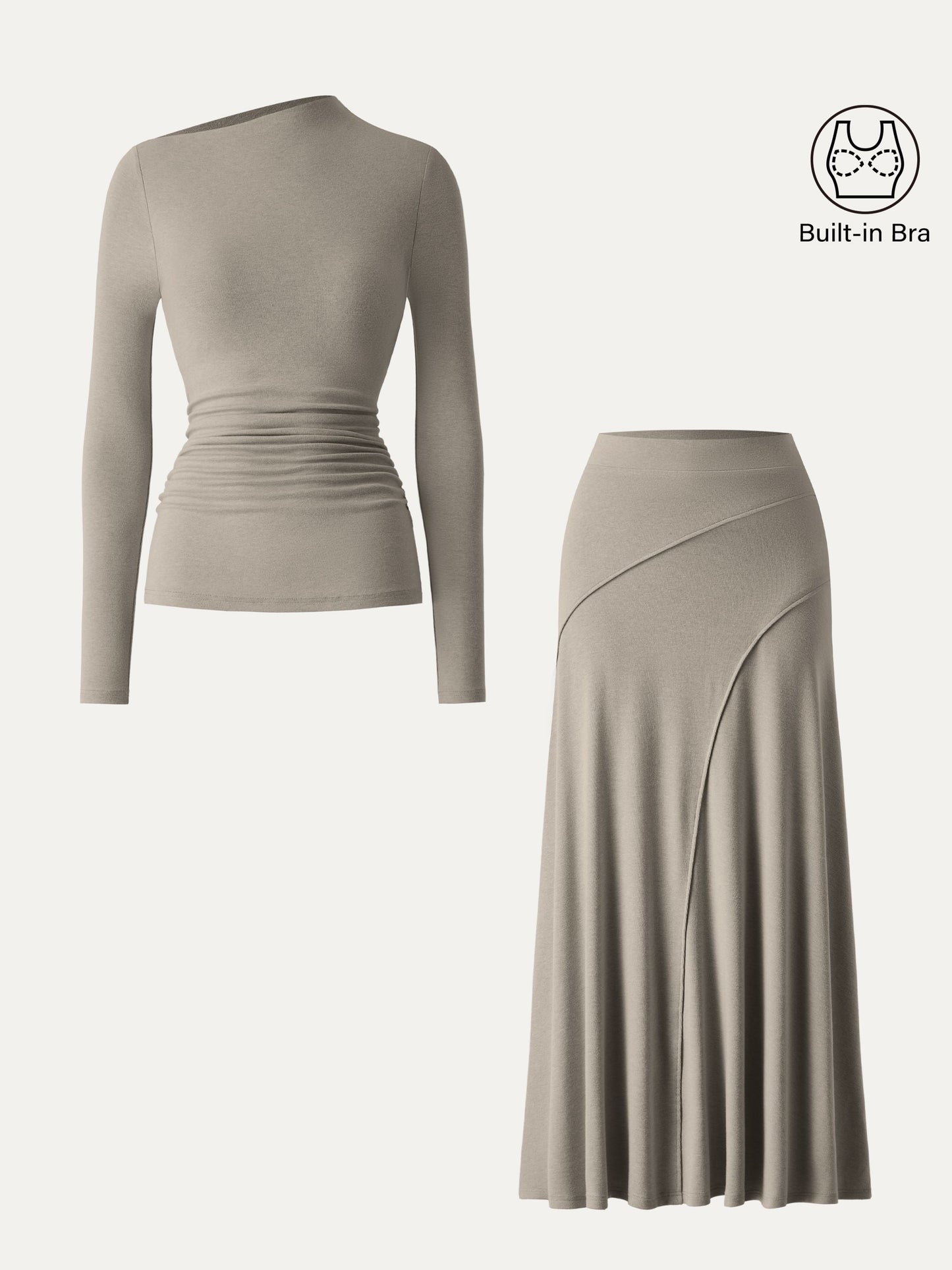 2Pcs Set Slanted Mockneck Ruched Brami & Mid Rise Pull-on Flared Maxi Skirt