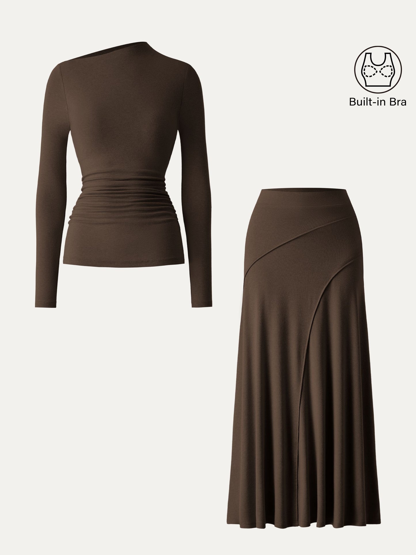 2Pcs Set Slanted Mockneck Ruched Brami & Mid Rise Pull-on Flared Maxi Skirt