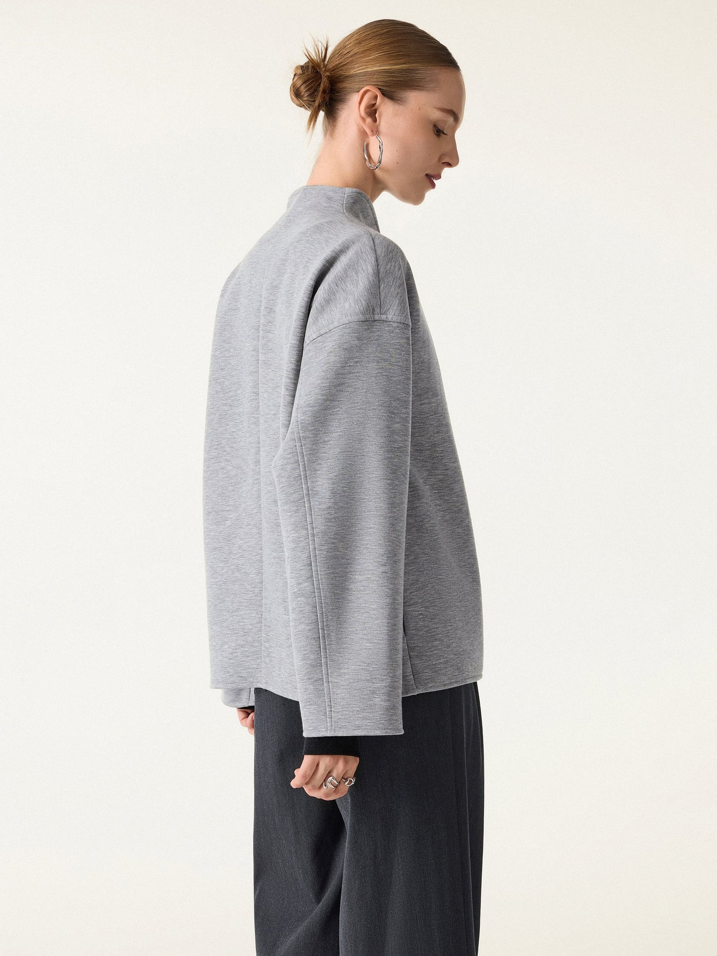 Stand Collar Double-Breasted Knit Jacket with Pockets