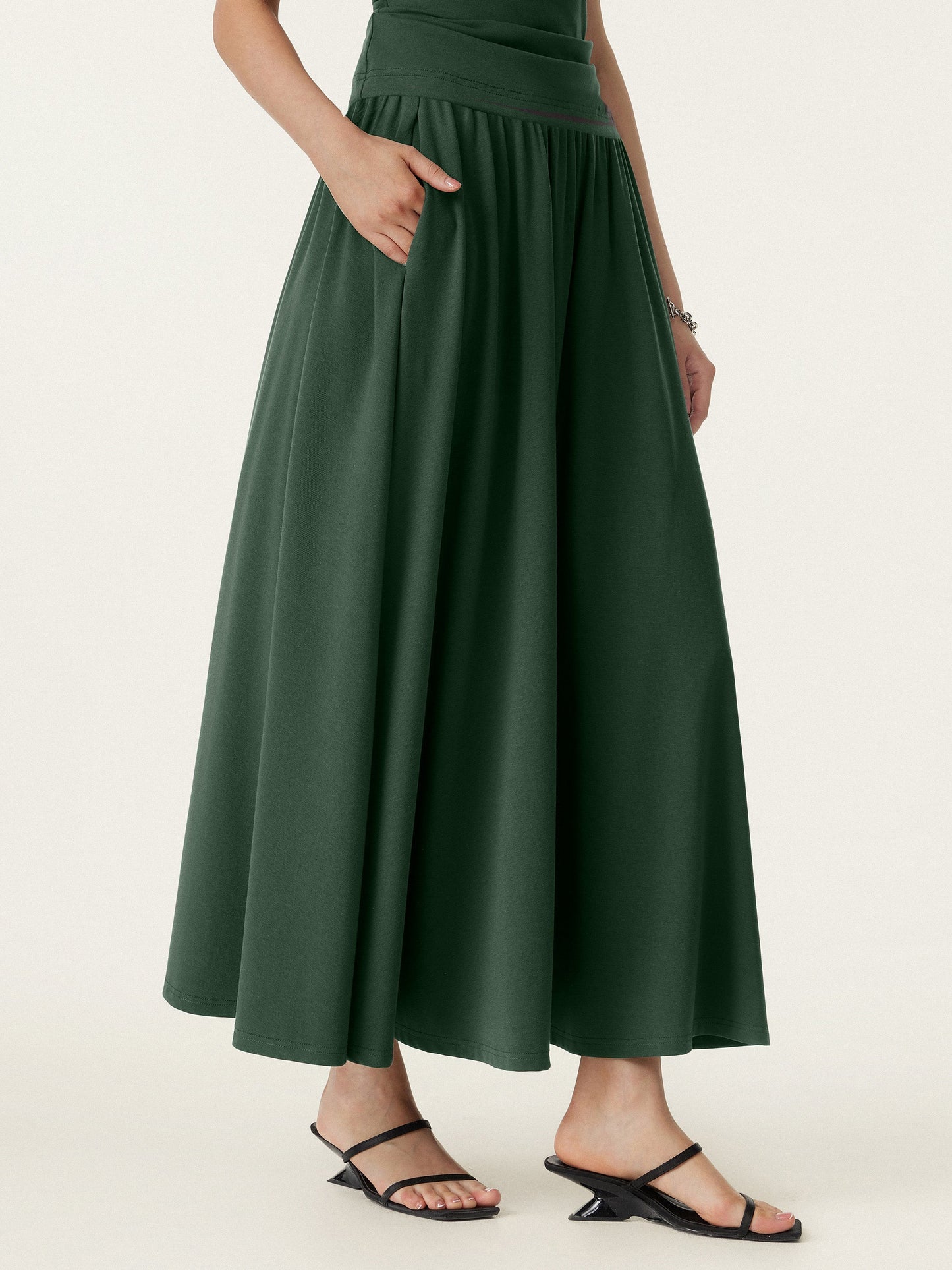 2Pcs Set Stretch Cotton Boatneck Brami Tank & Maxi Umbrella Skirt with Pockets