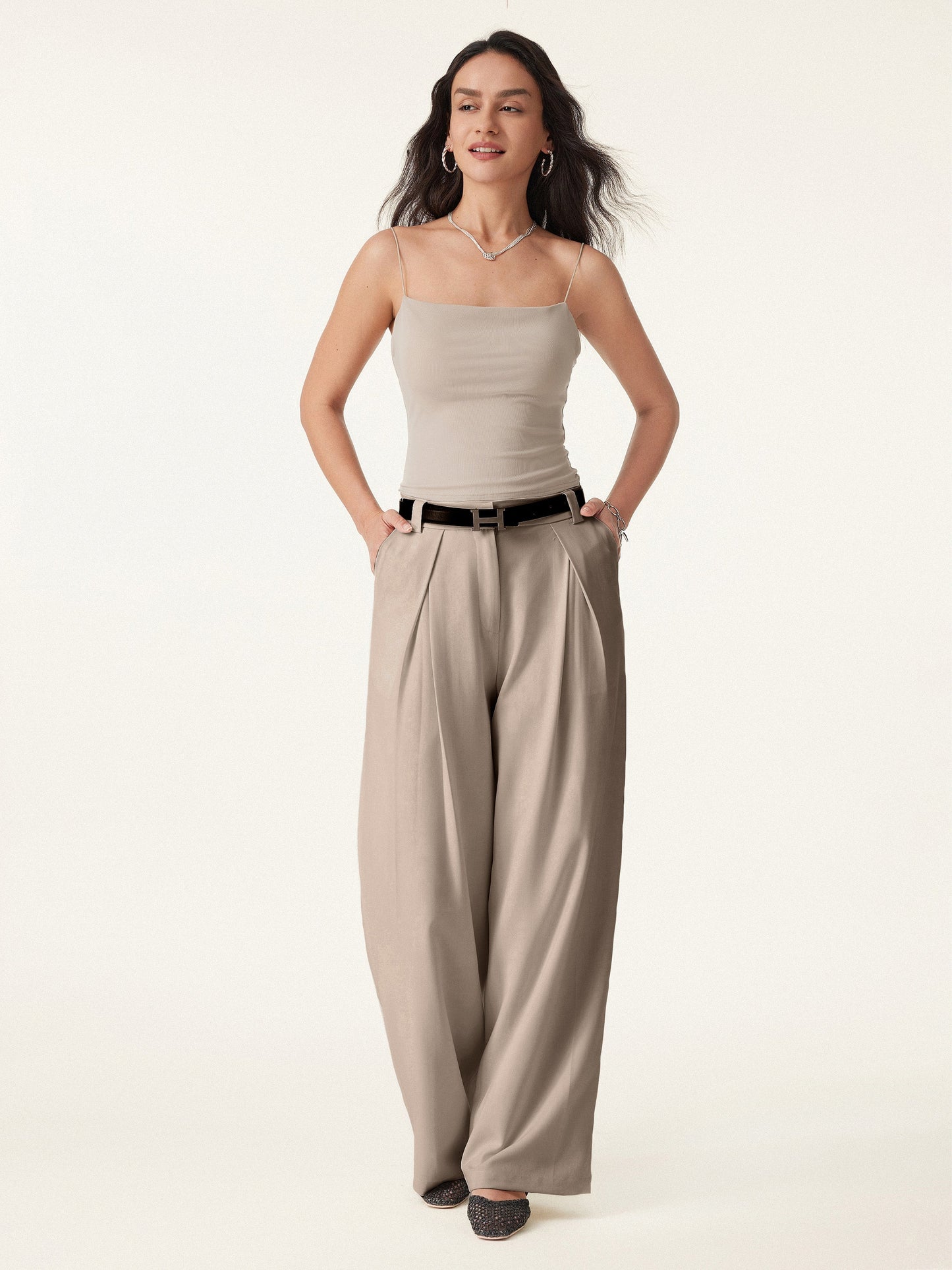 Tencel-Linen Pants Wrinkle-Free Tucked Wide Leg Trouser