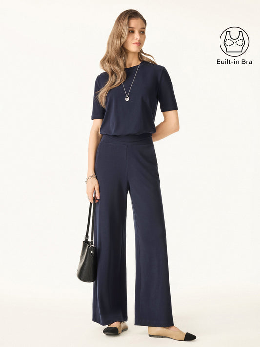 2Pcs Set Petite Mid Rise Wide Leg Pants with Pockets & Crewneck Brami with Banded Hem