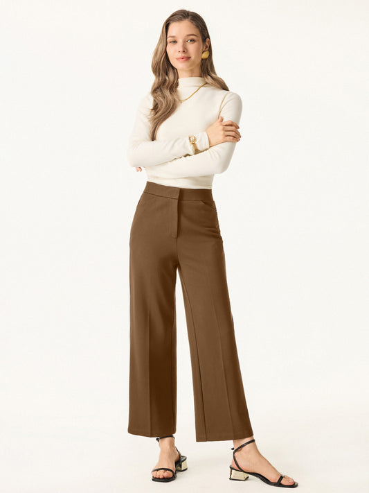 Petite High Rise Straight Leg Cropped Fly-Front Trousers with Pockets