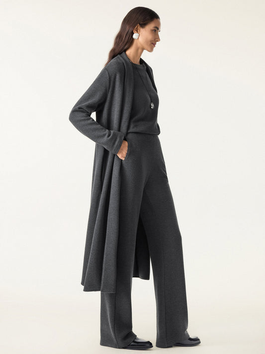 3Pcs Set Shawl Collar Cardigan & Crew Neck Top & Mid Rise Straight Leg Pants