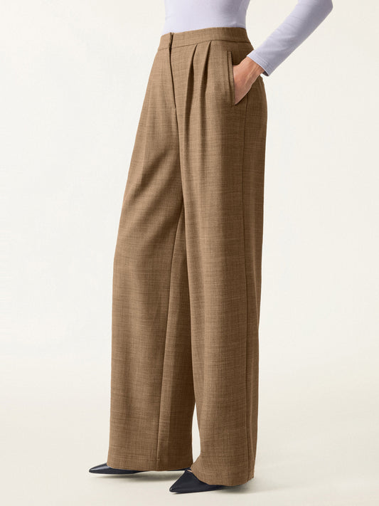 4-way Stretch Wool Mid Rise Pleated Wide Leg Trousers with Pockets