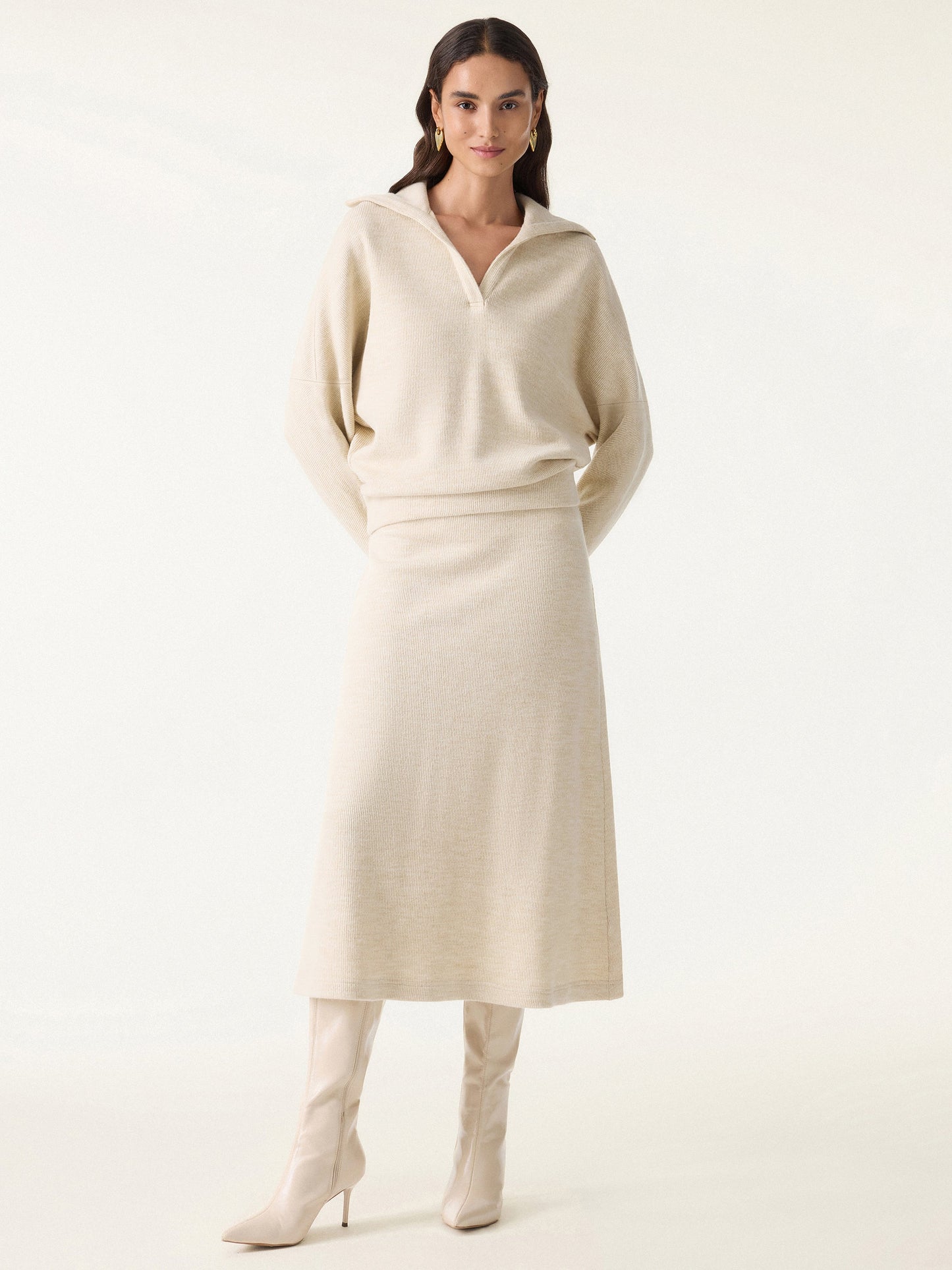 2Pcs Set Collared V-Neck Batwing Sleeve Pullover & Ribbed Midi Pull-on Skirt
