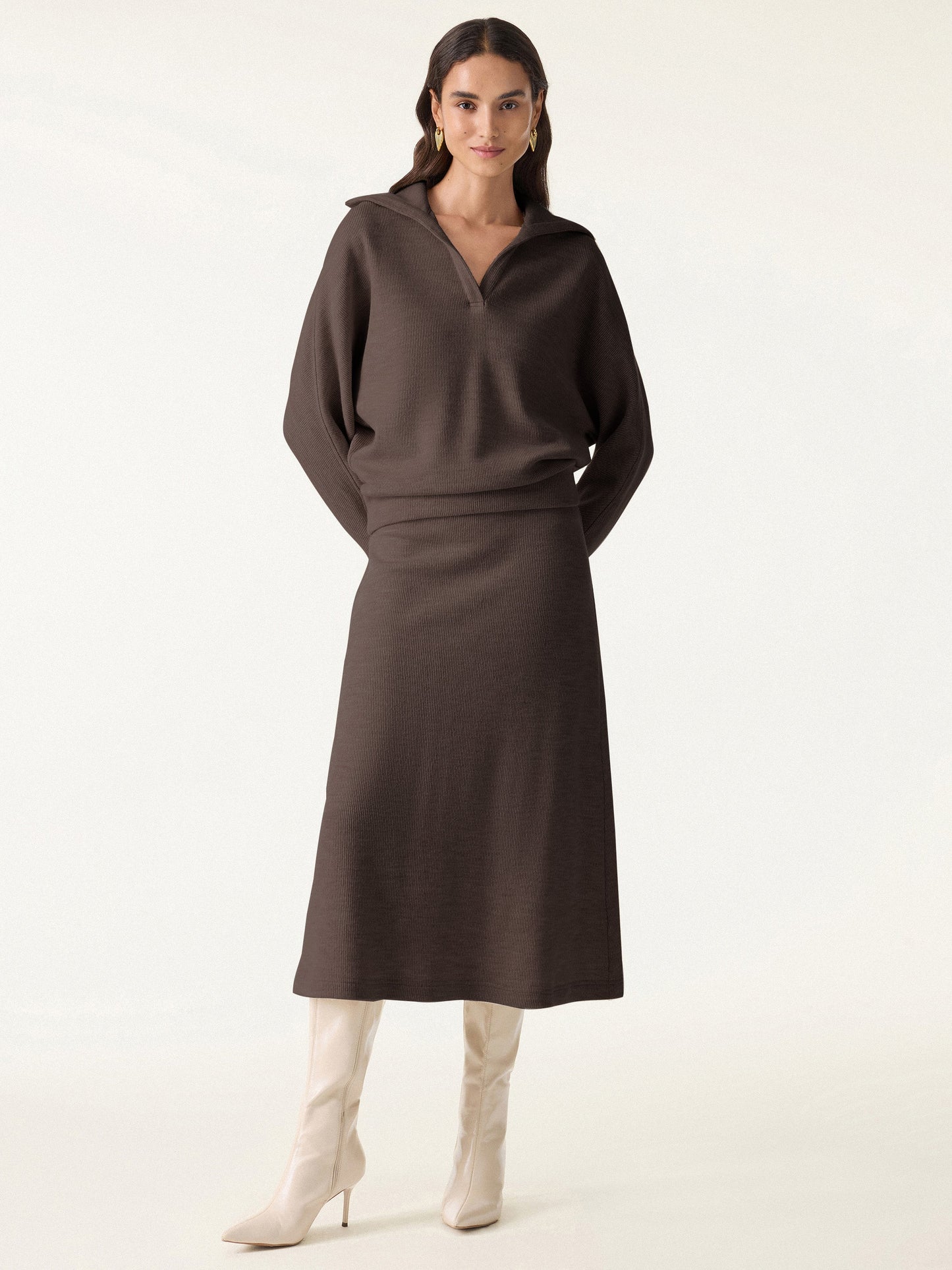 2Pcs Set Collared V-Neck Batwing Sleeve Pullover & Ribbed Midi Pull-on Skirt