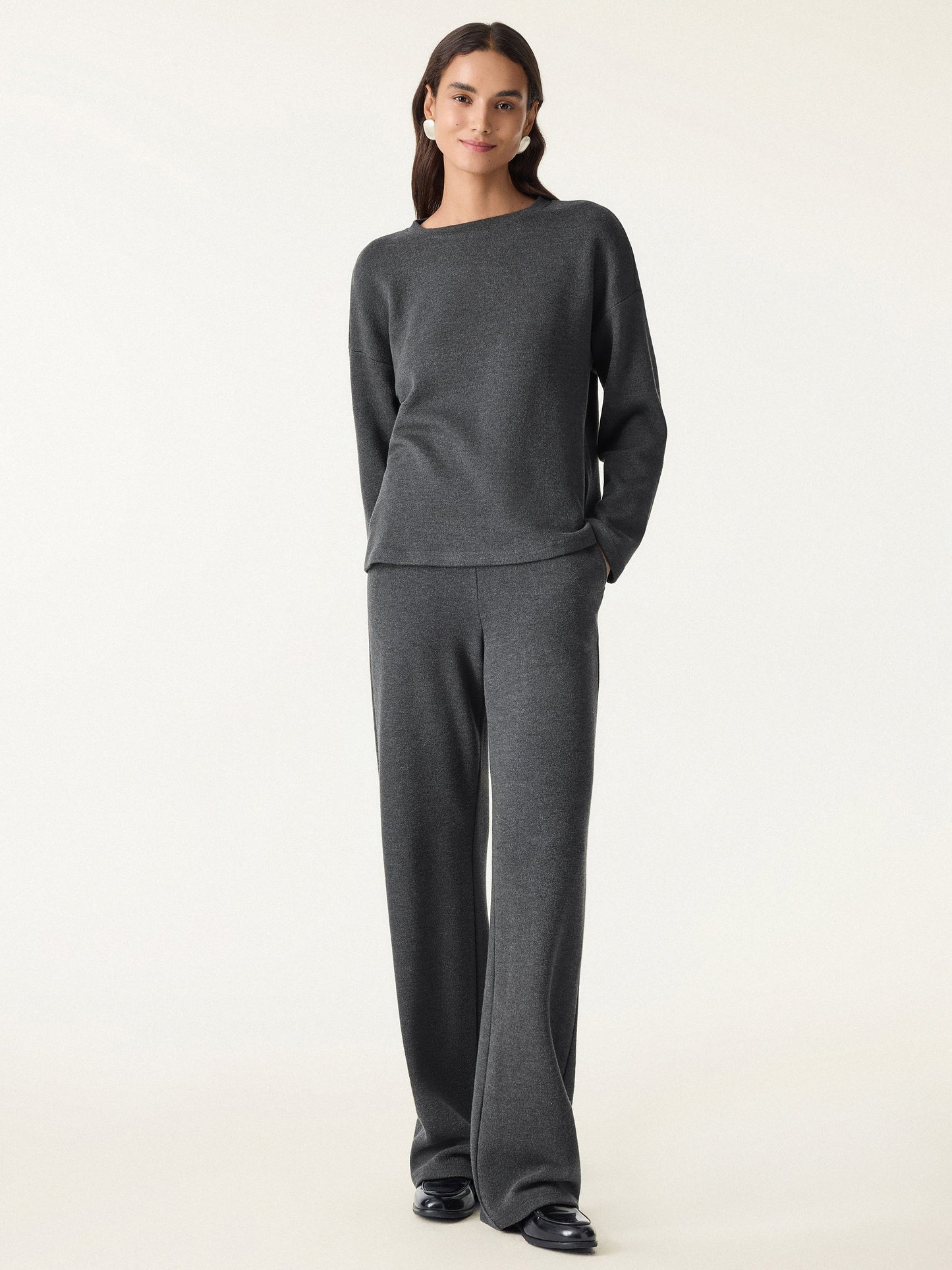 2Pcs Set Crew Neck Long Sleeve Top & Mid Rise Straight Leg Pants with Pockets