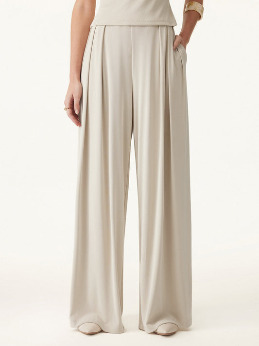 Sandwashed Mid Rise Pleated Wide Leg Palazzo Pants with Pockets