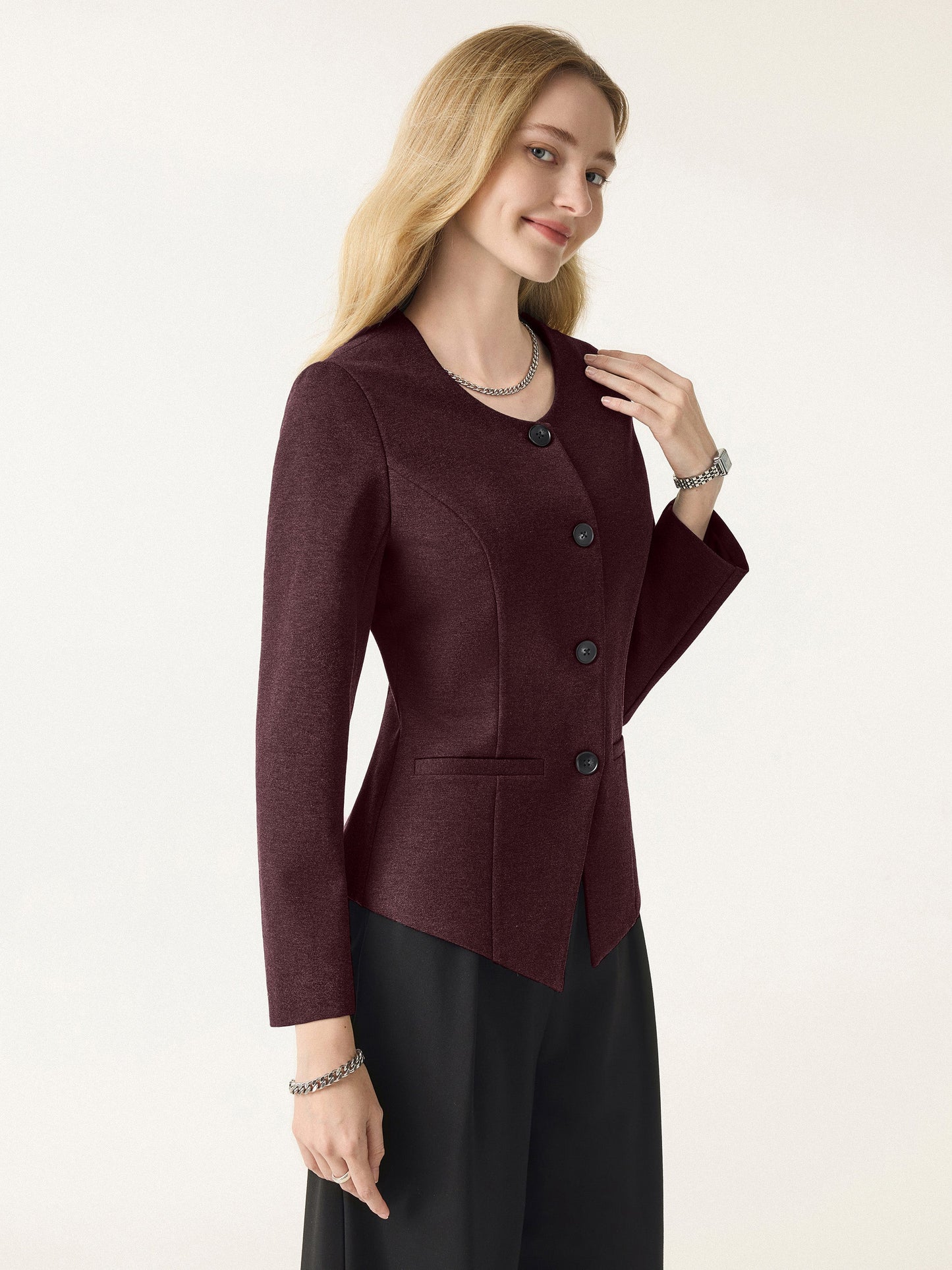 Stretch Ponte Button Front Blazer with Pockets