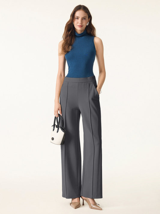 Wrinkle-Resistant Mid Rise Wide Leg Pants with Pockets