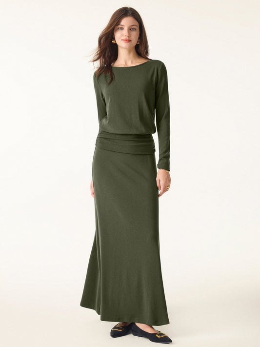 2Pcs Set Light Warm Round Neck Side Ruched Top & Pull-on Circle Flared Maxi Skirt