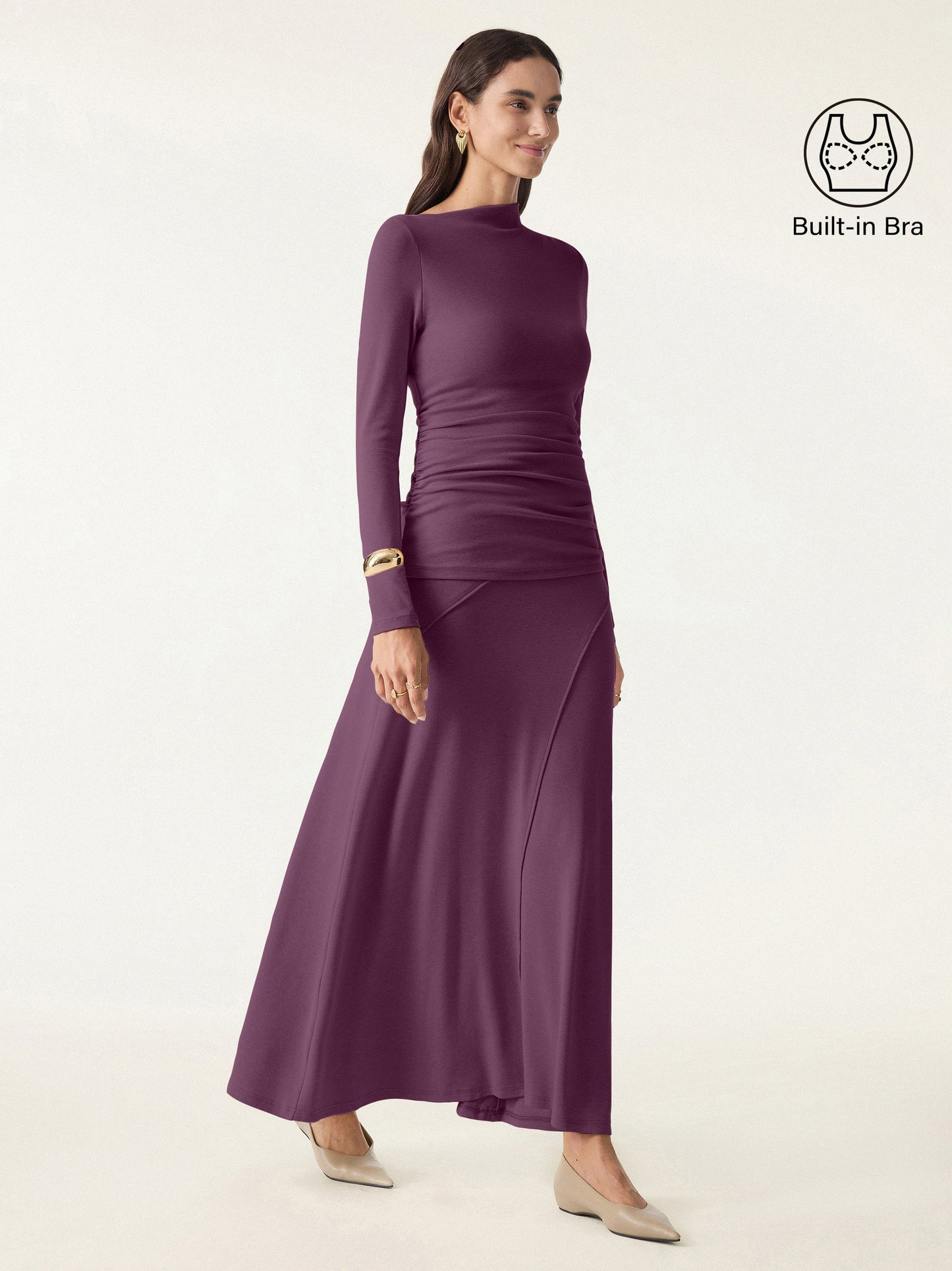 2Pcs Set Slanted Mockneck Ruched Brami & Mid Rise Pull-on Flared Maxi Skirt