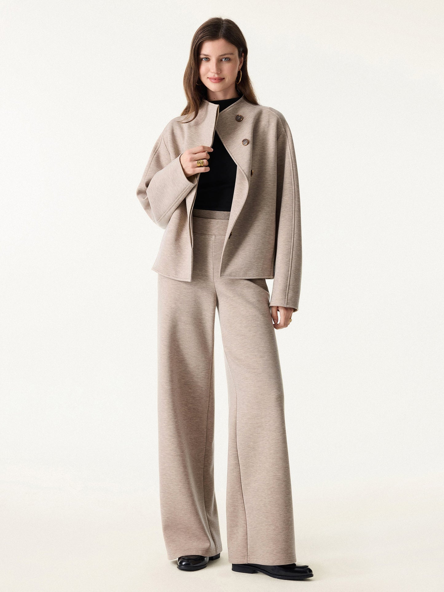 2Pcs Set Stand Collar Jacket & Double Waistband Straight Pants with Pockets