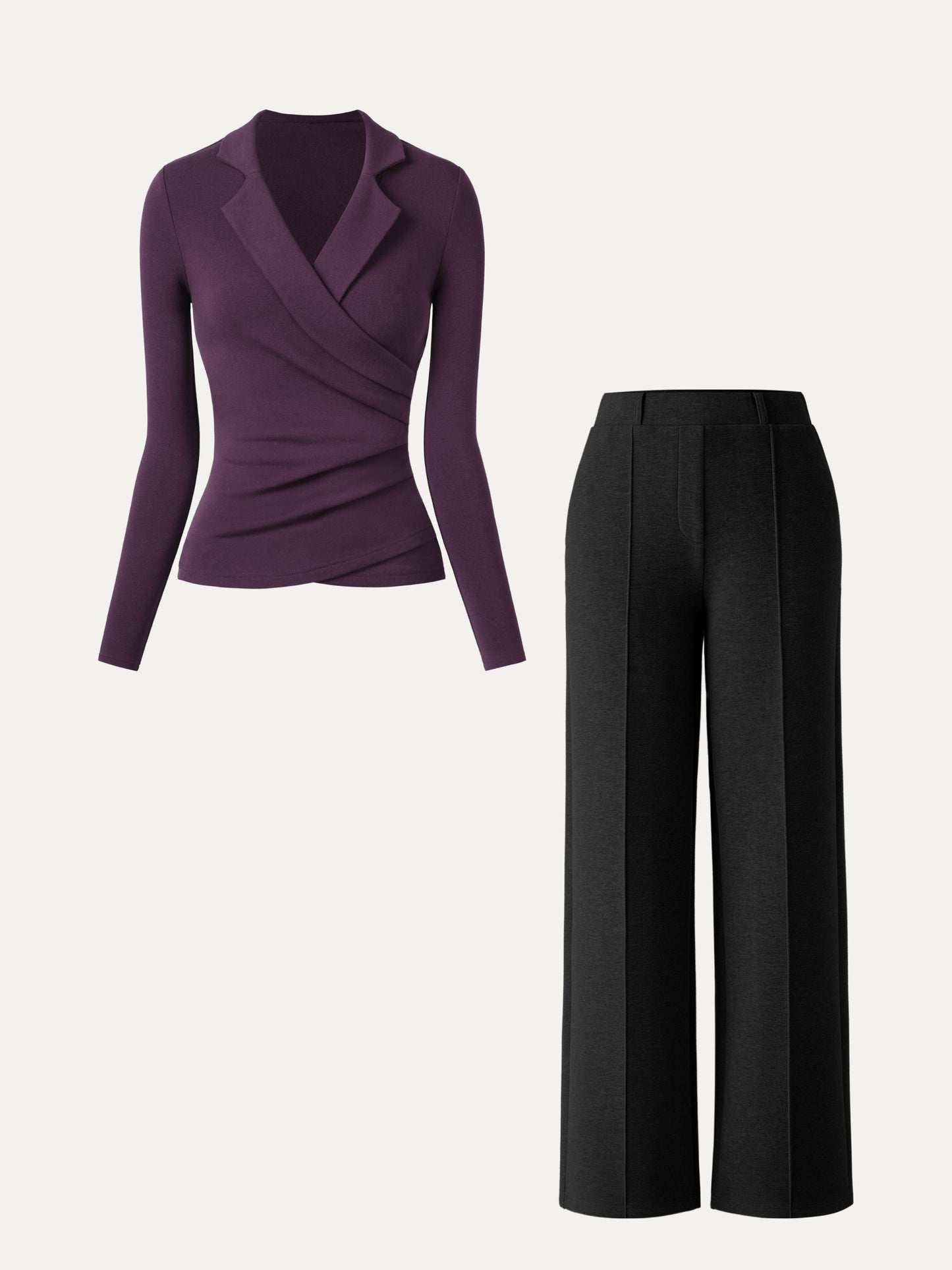 2Pcs Set Collared Surplice Top & High Waisted Straight Leg Pull On Pant