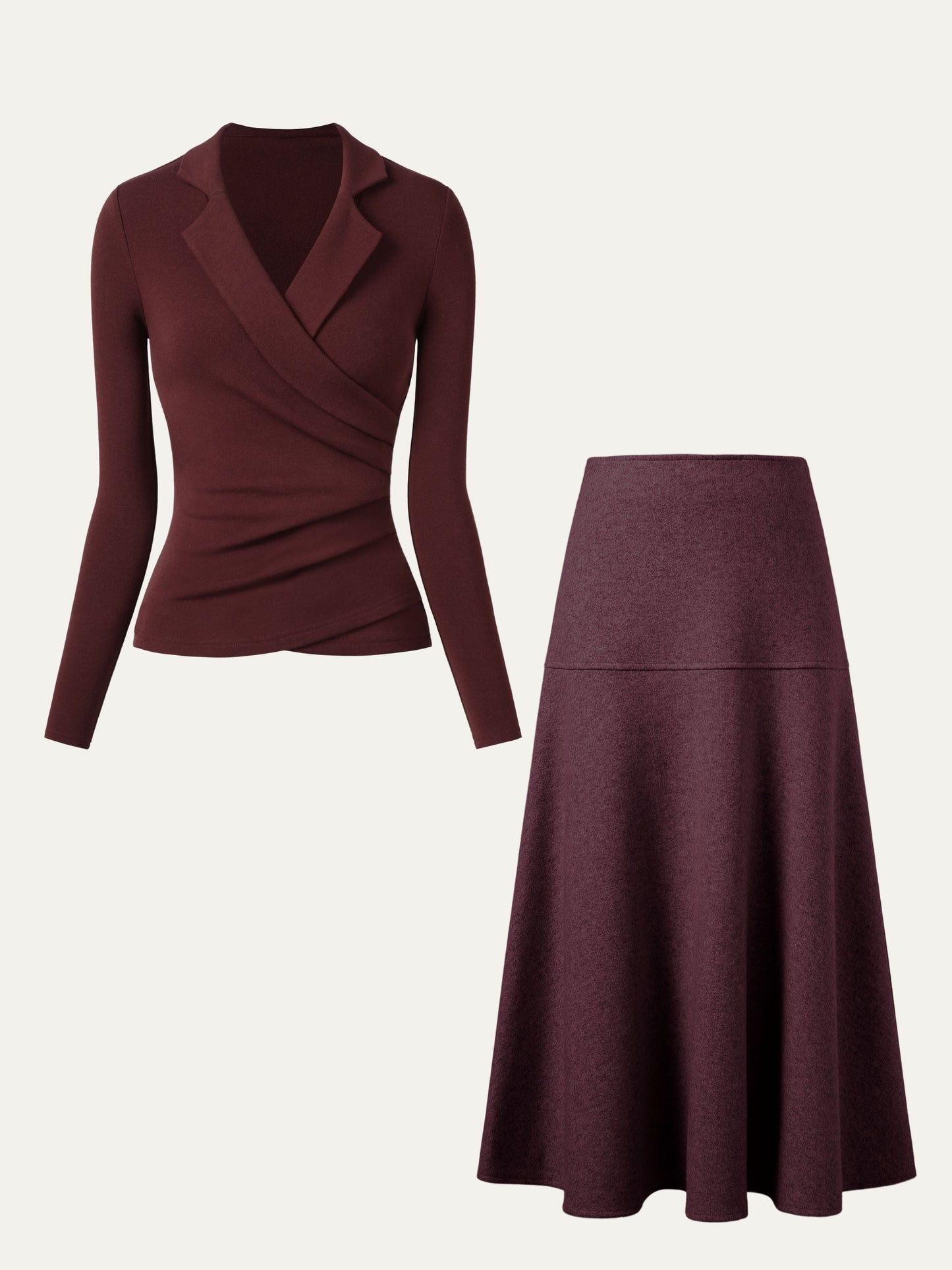 2Pcs Set Collared Surplice Top & Flared Maxi Skirt
