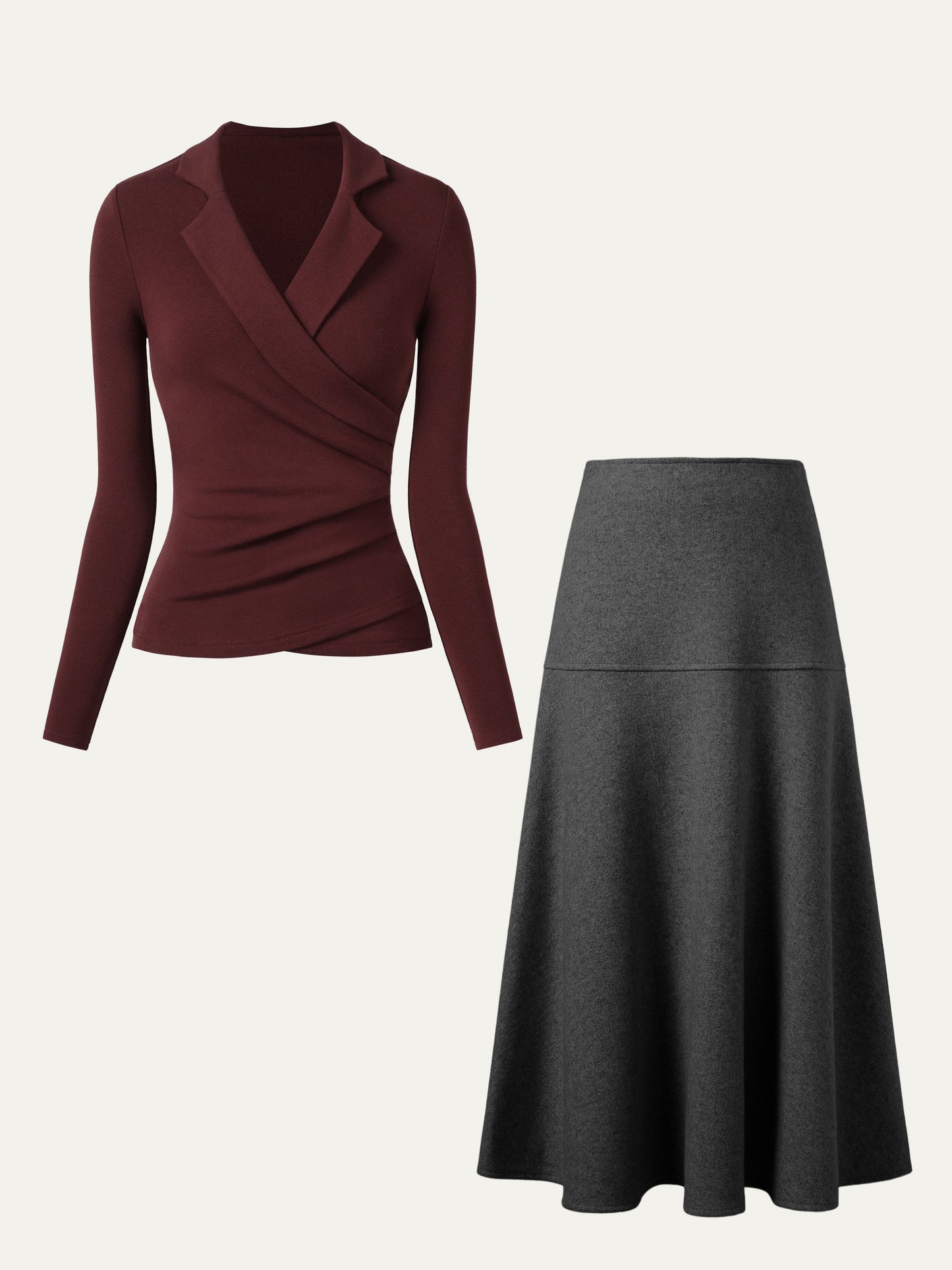 2Pcs Set Collared Surplice Top & Flared Maxi Skirt
