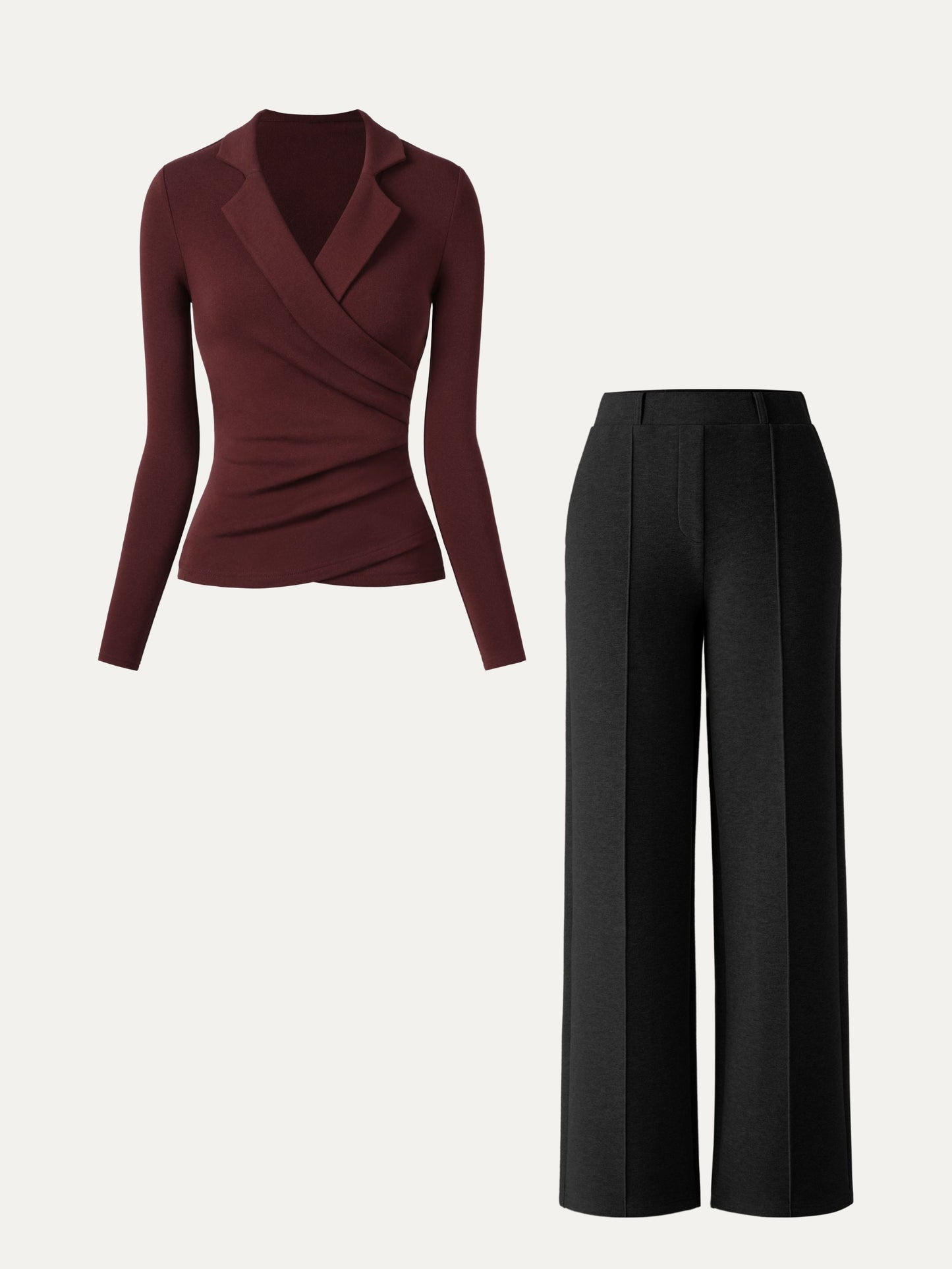 2Pcs Set Collared Surplice Top & High Waisted Straight Leg Pull On Pant