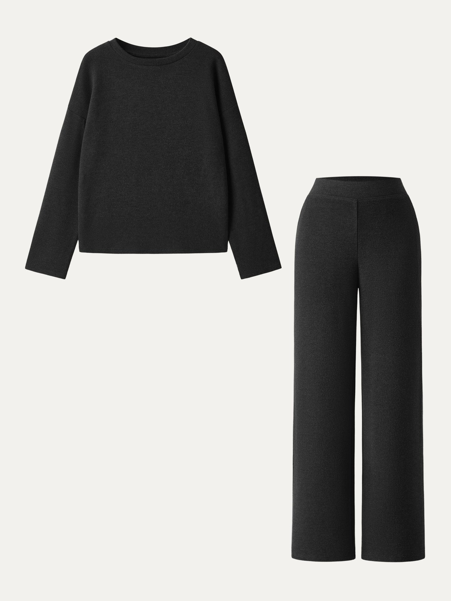 2Pcs Set Crew Neck Long Sleeve Top & Mid Rise Straight Leg Pants with Pockets