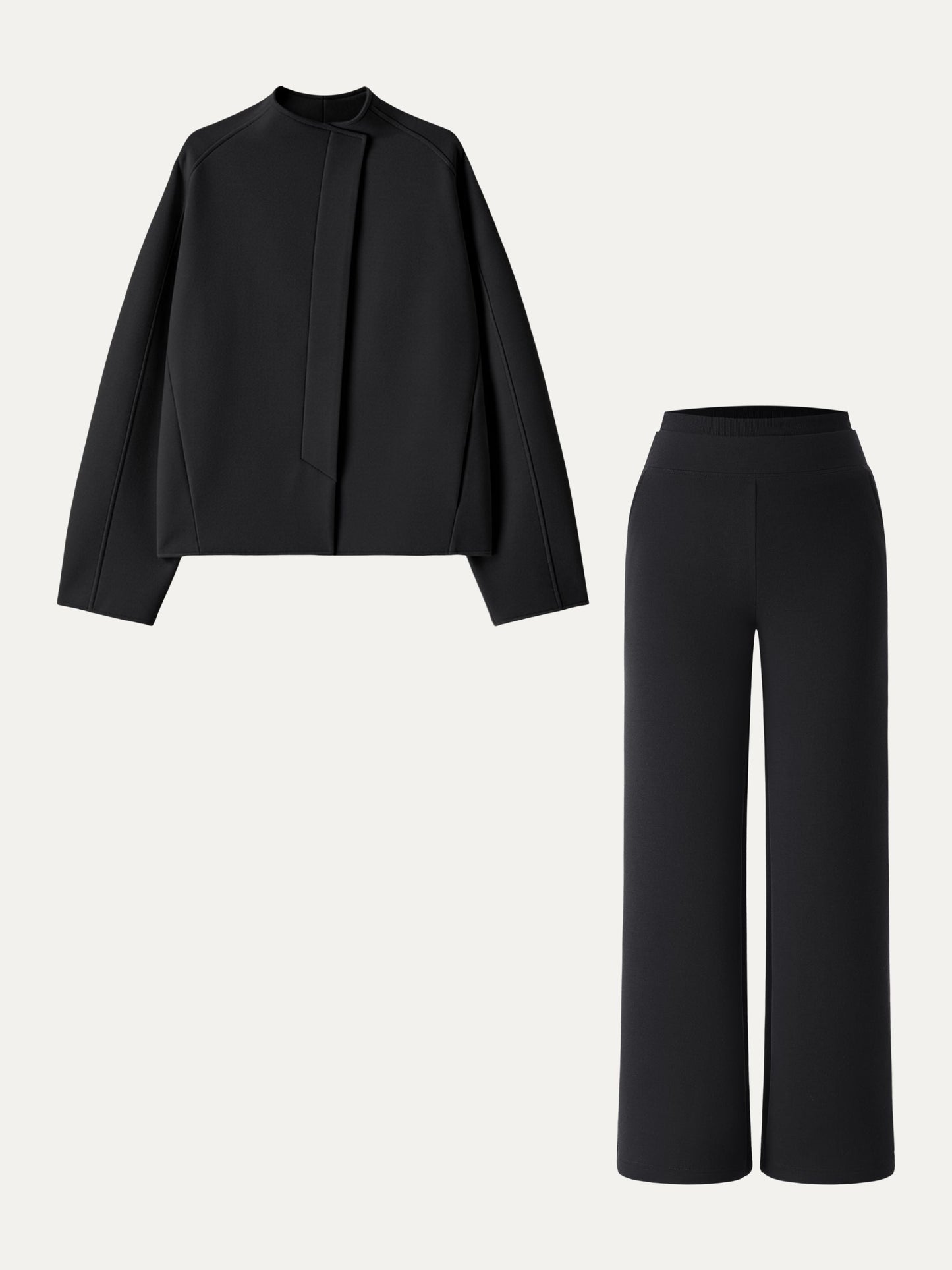 2Pcs Set Stand Collar Jacket & Double Waistband Straight Pants with Pockets