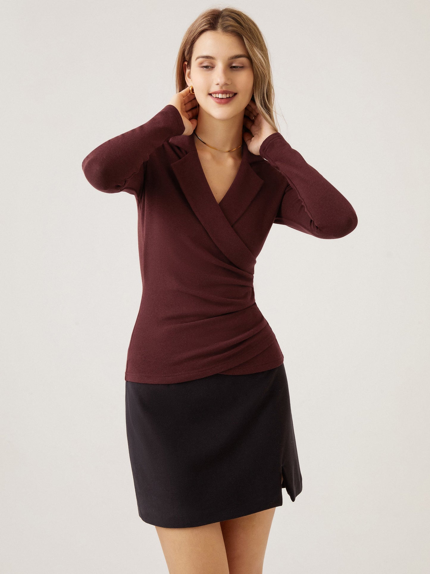 2Pcs Set Collared Surplice Top & Flared Maxi Skirt