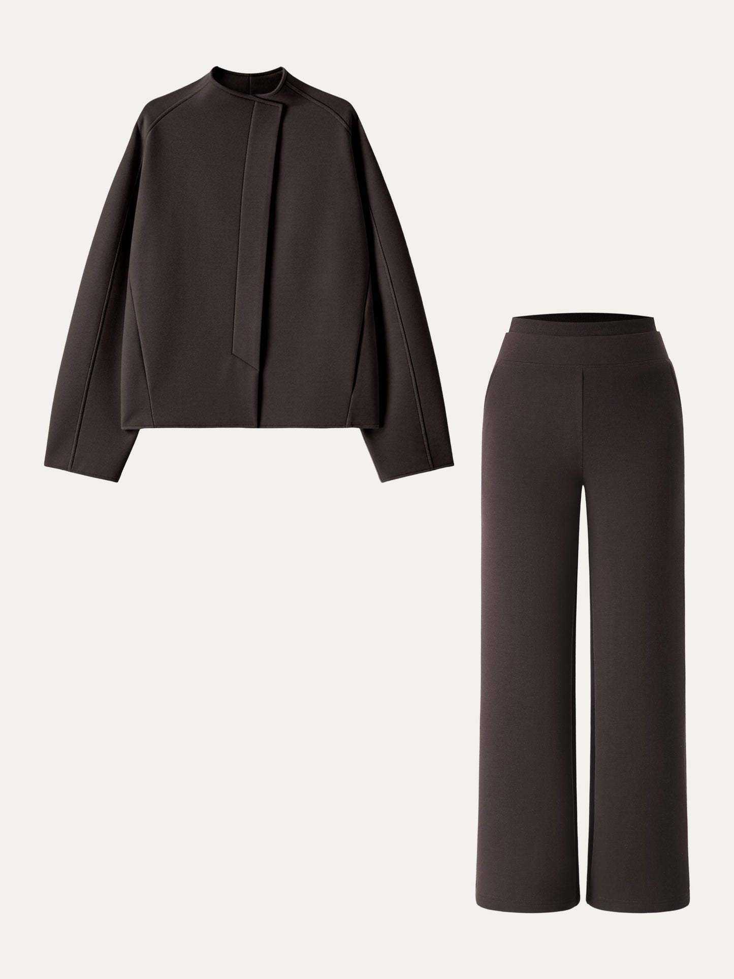2Pcs Set Stand Collar Jacket & Double Waistband Straight Pants with Pockets