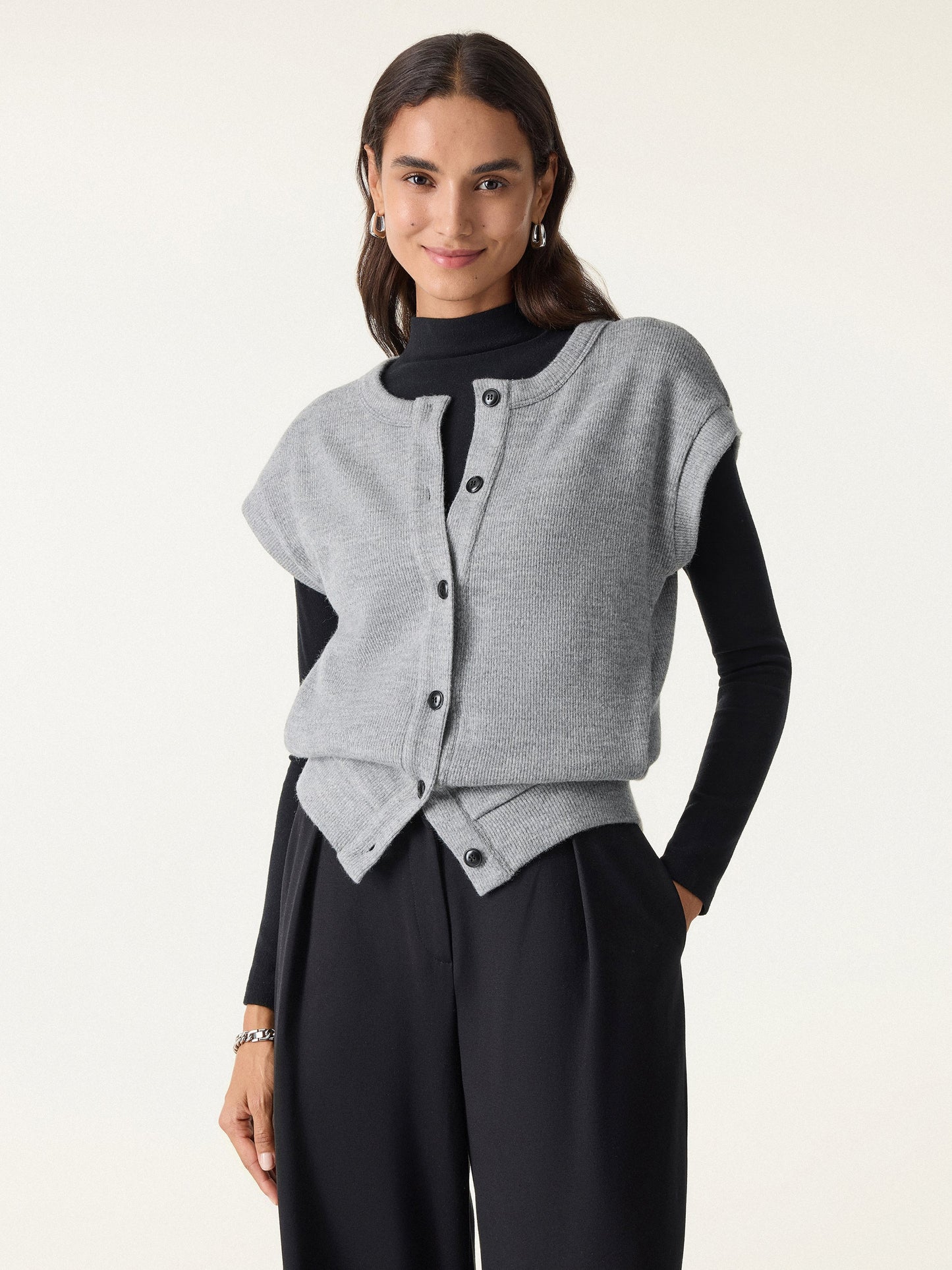 Cozy Crewneck Button Front Vest with Banded Hem