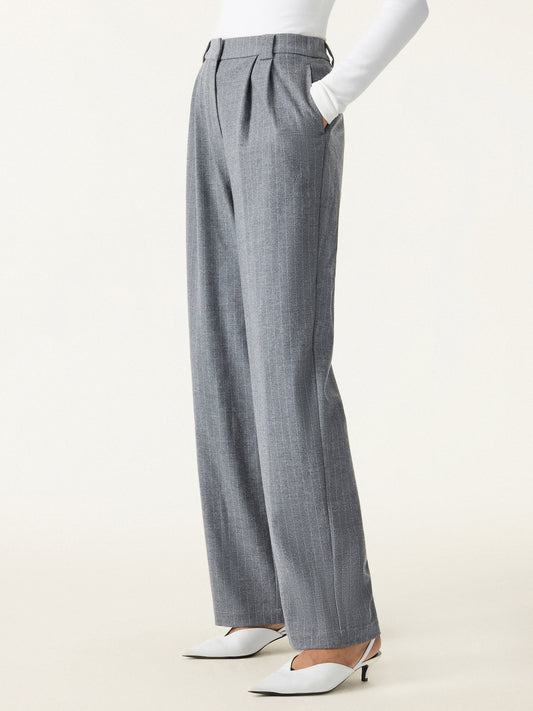 Stretch Striped Mid Rise Wide Leg Trousers with Pockets