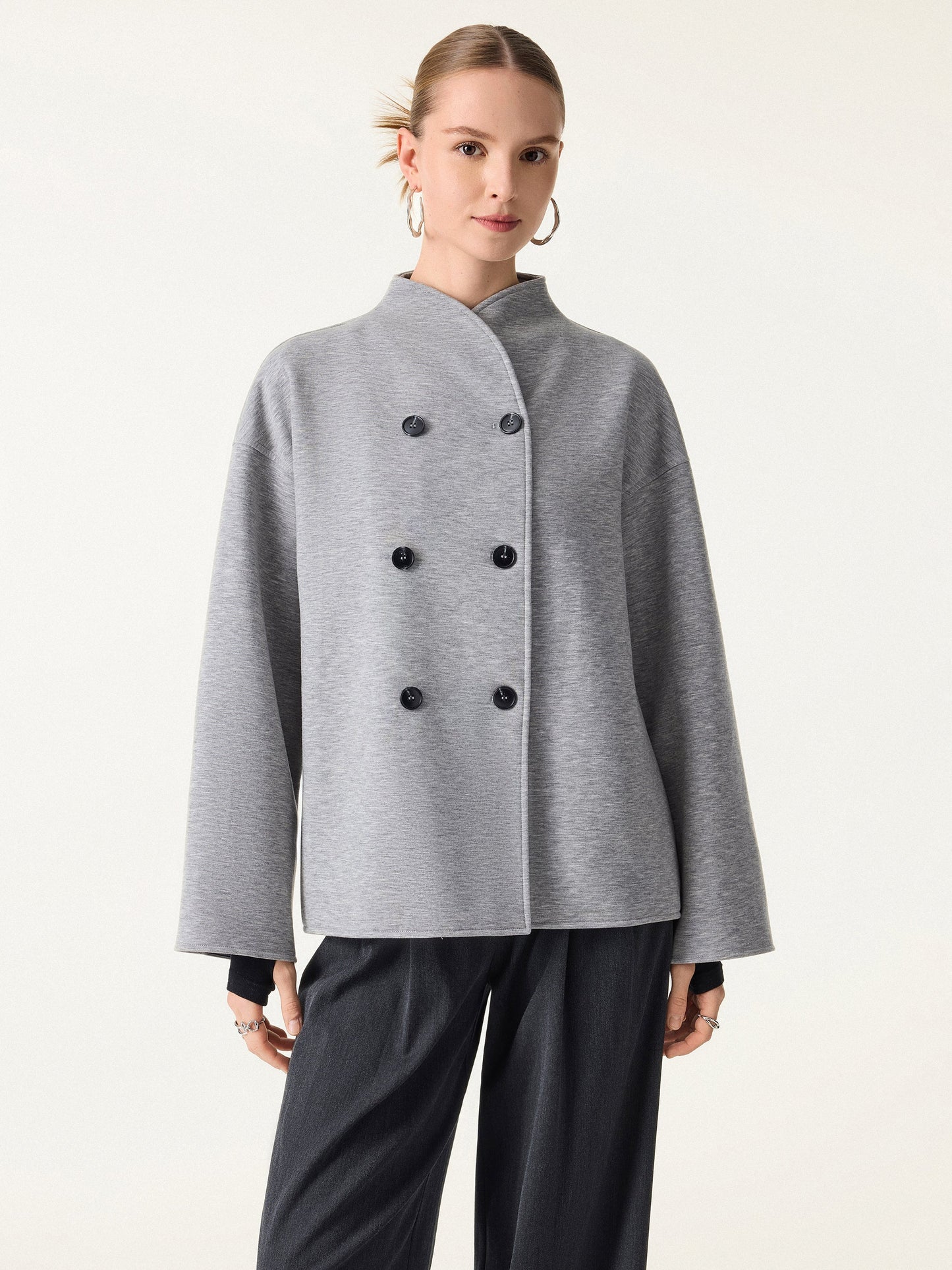 Stand Collar Double-Breasted Knit Jacket with Pockets