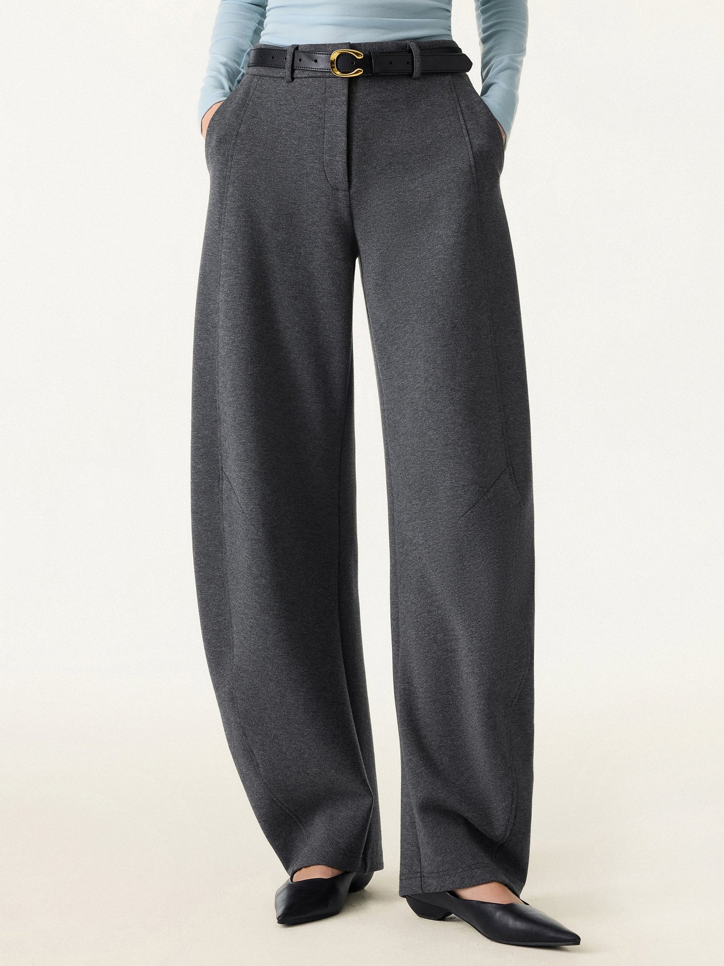 Stretch Mid Rise Barrel Leg Knit Pants with Pockets