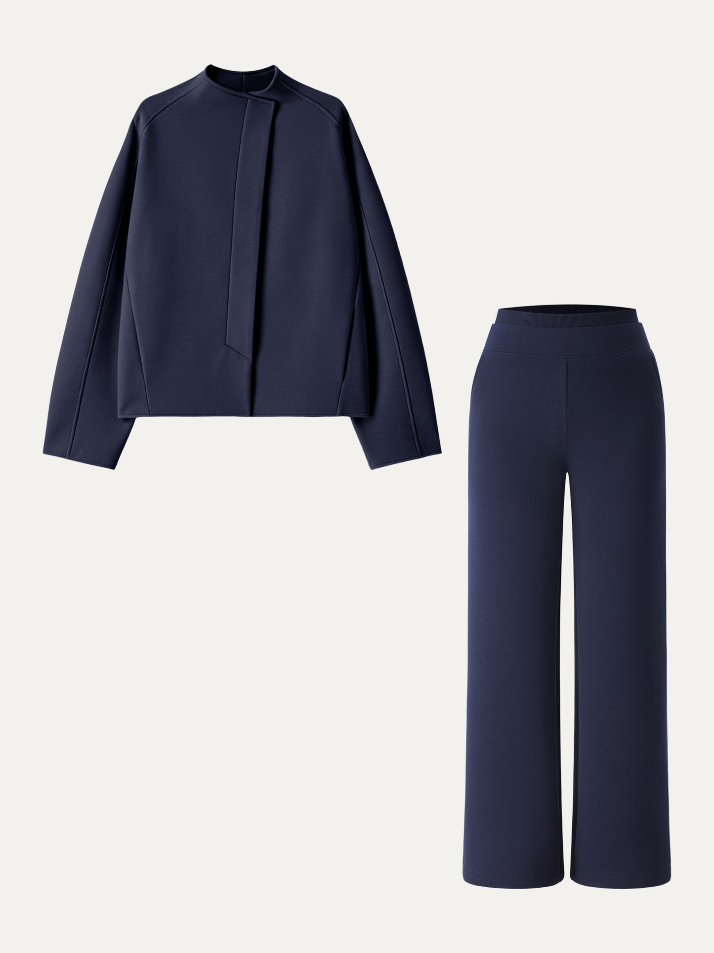 2Pcs Set Stand Collar Jacket & Double Waistband Straight Pants with Pockets