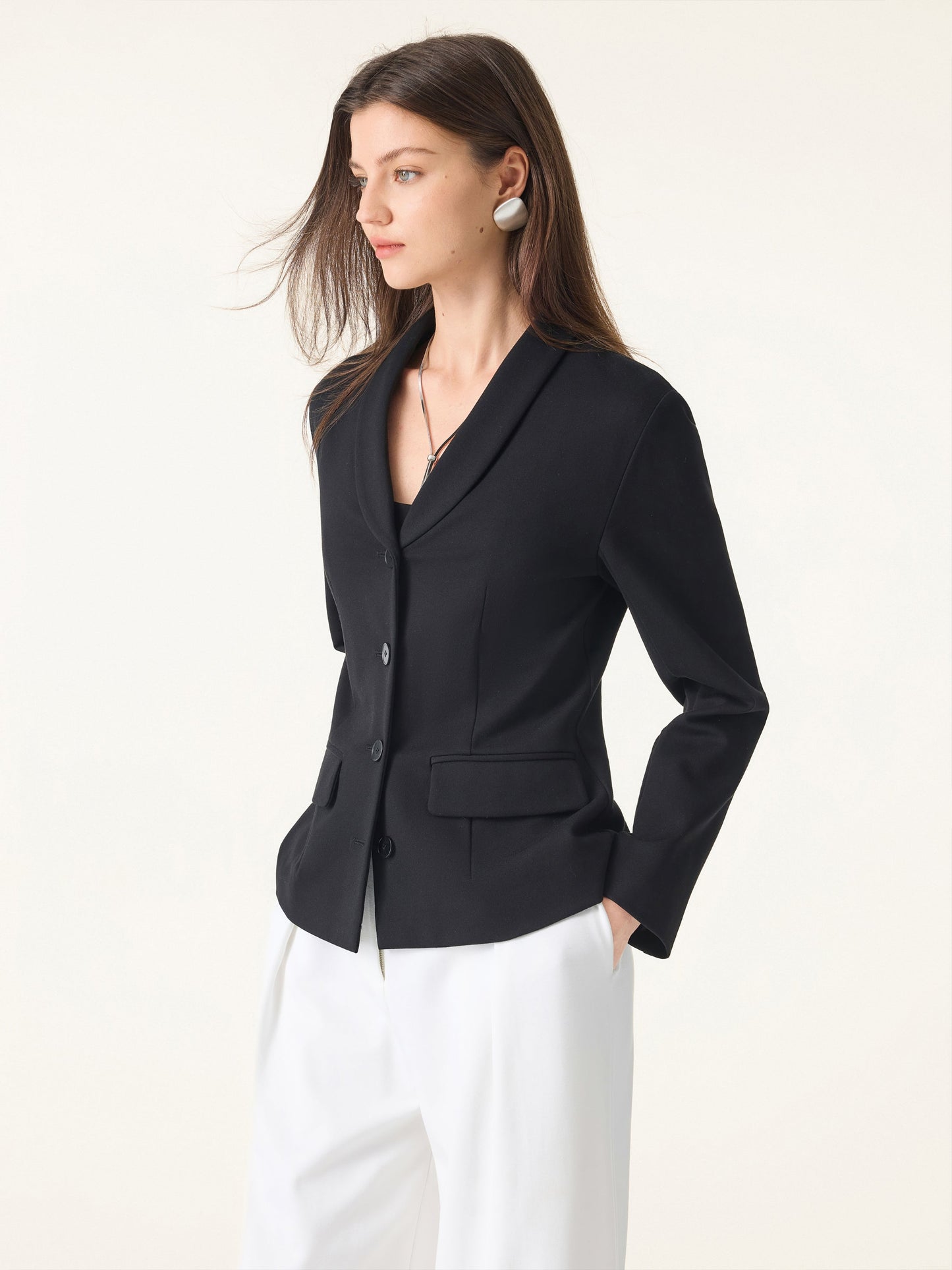 Stretch Shawl Lapel Button Front Blazer with Pockets