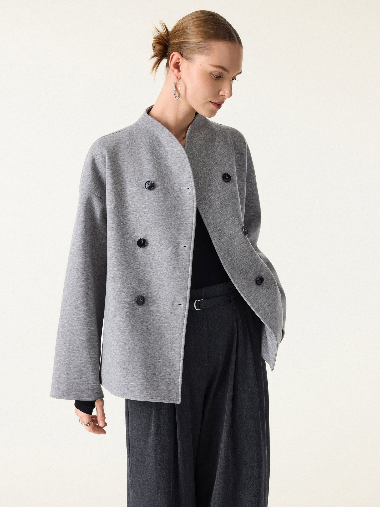 Stand Collar Double-Breasted Knit Jacket with Pockets
