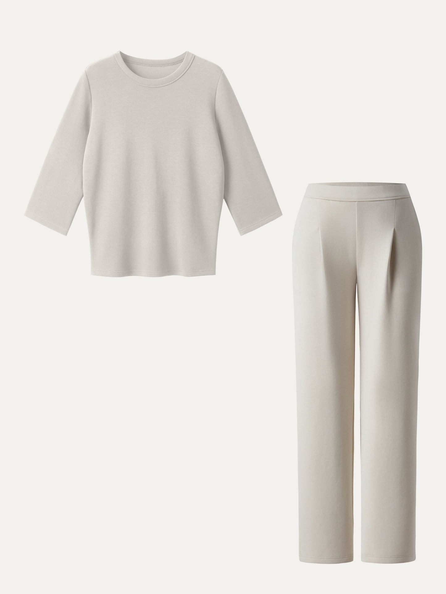 2Pcs Set Crewneck 3/4 Sleeve Top & Mid Rise Straight Leg Pull-on Trousers with Pockets