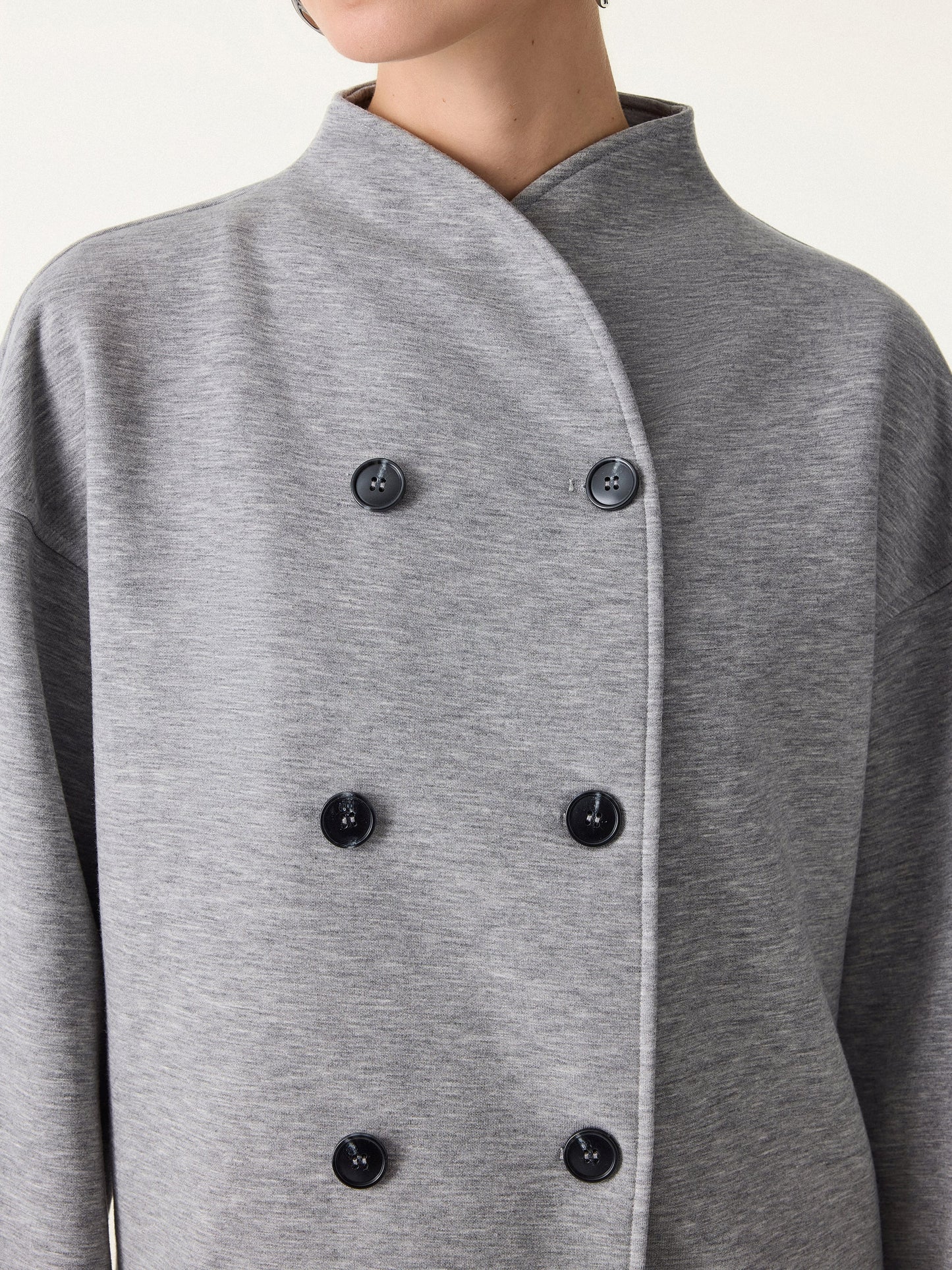 Stand Collar Double-Breasted Knit Jacket with Pockets
