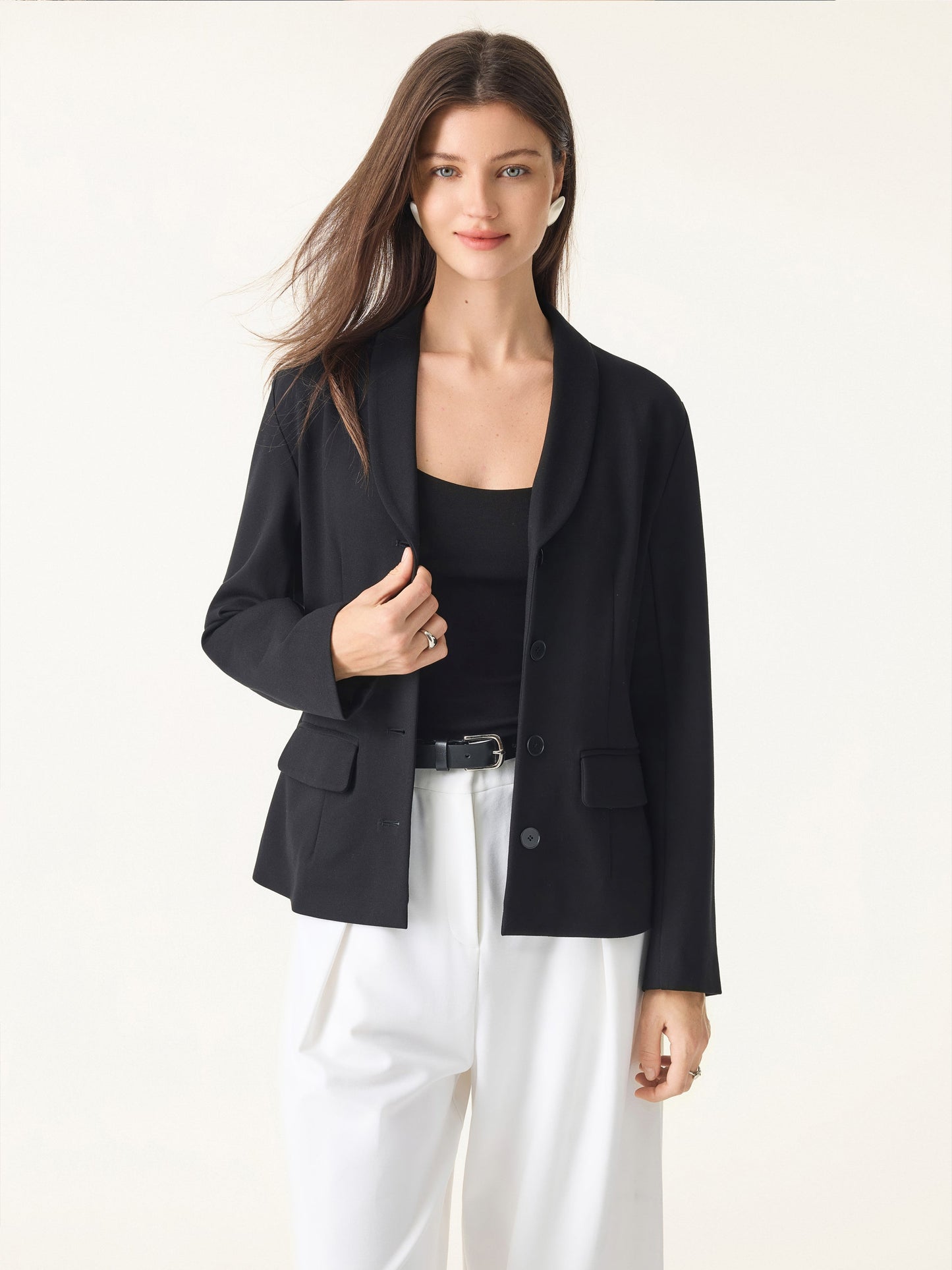 Stretch Shawl Lapel Button Front Blazer with Pockets