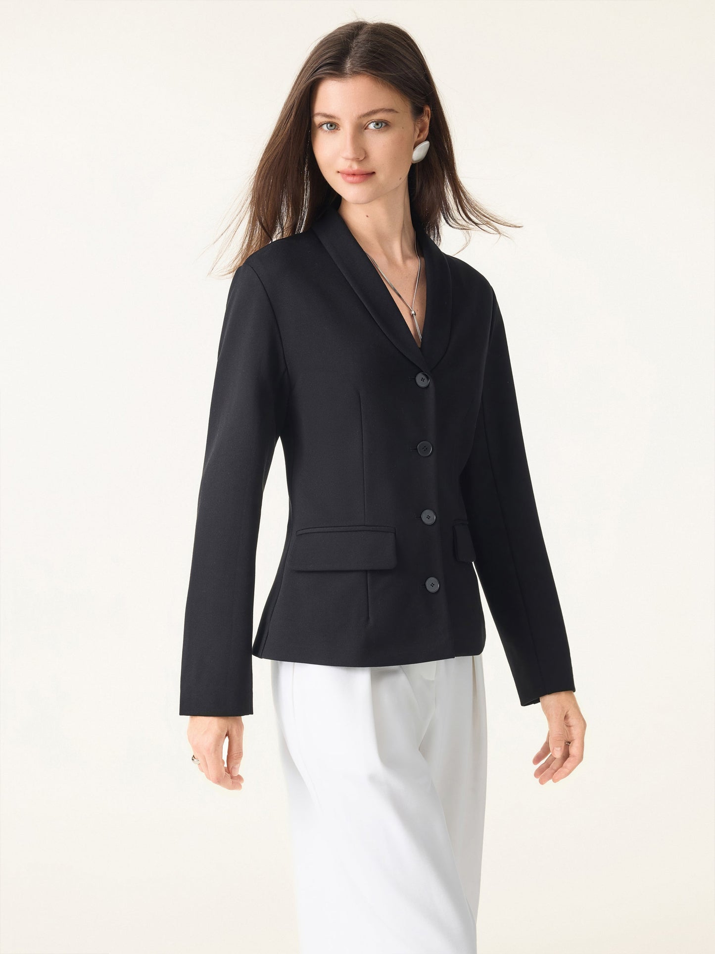Stretch Shawl Lapel Button Front Blazer with Pockets