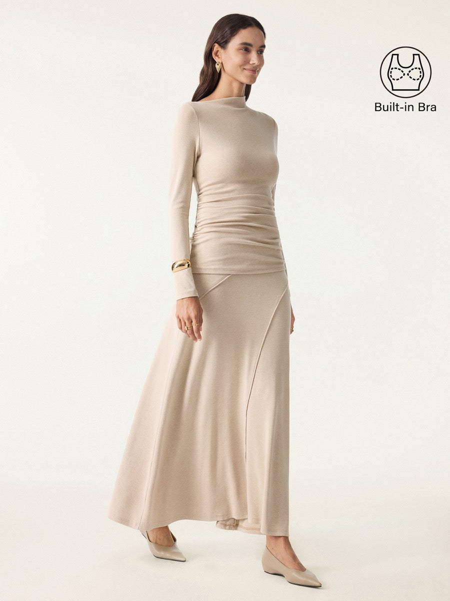2Pcs Set Slanted Mockneck Ruched Brami & Mid Rise Pull-on Flared Maxi Skirt