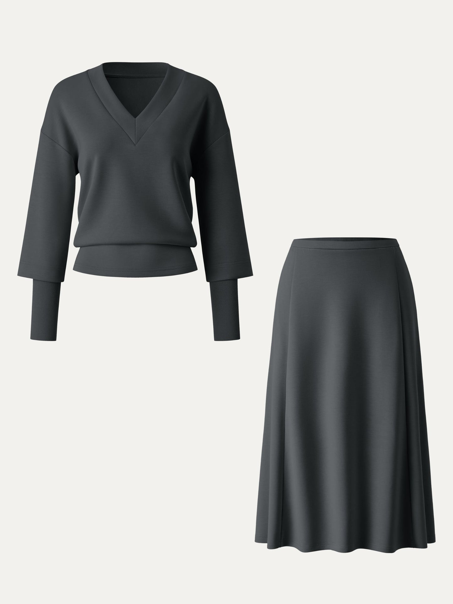 2Pcs Set V-neck Top with Sleeve Warmers & Mid Rise Flared Midi Skirt with Pockets
