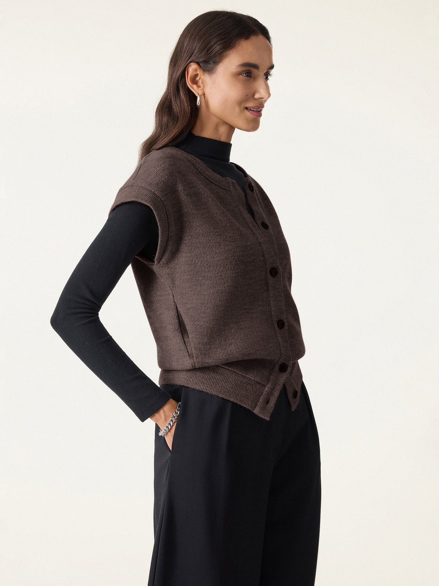 Cozy Crewneck Button Front Vest with Banded Hem