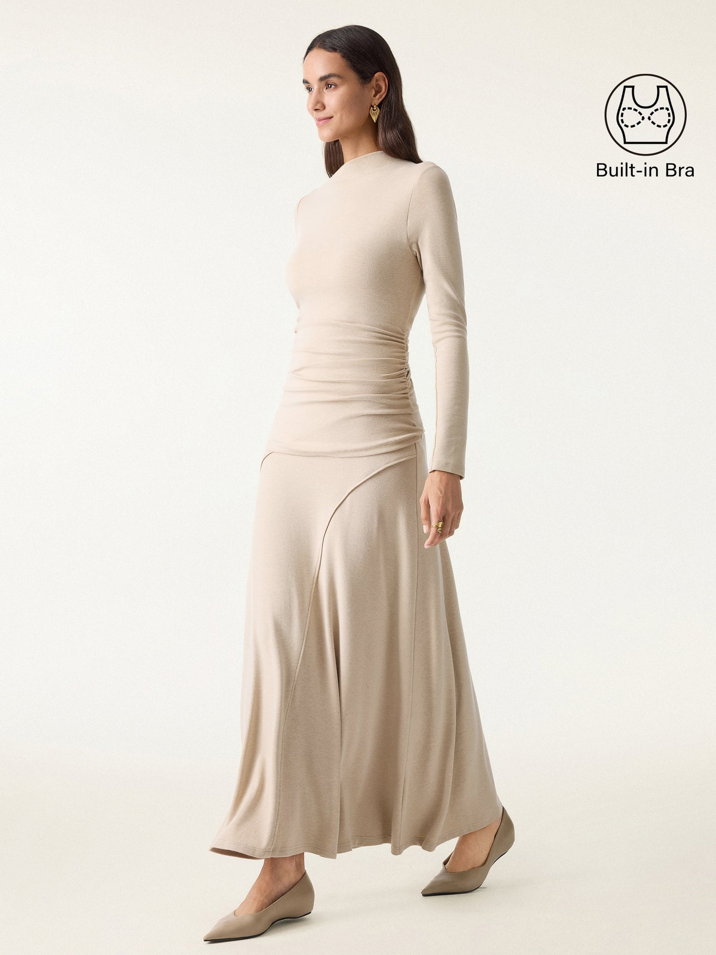 2Pcs Set Slanted Mockneck Ruched Brami & Mid Rise Pull-on Flared Maxi Skirt
