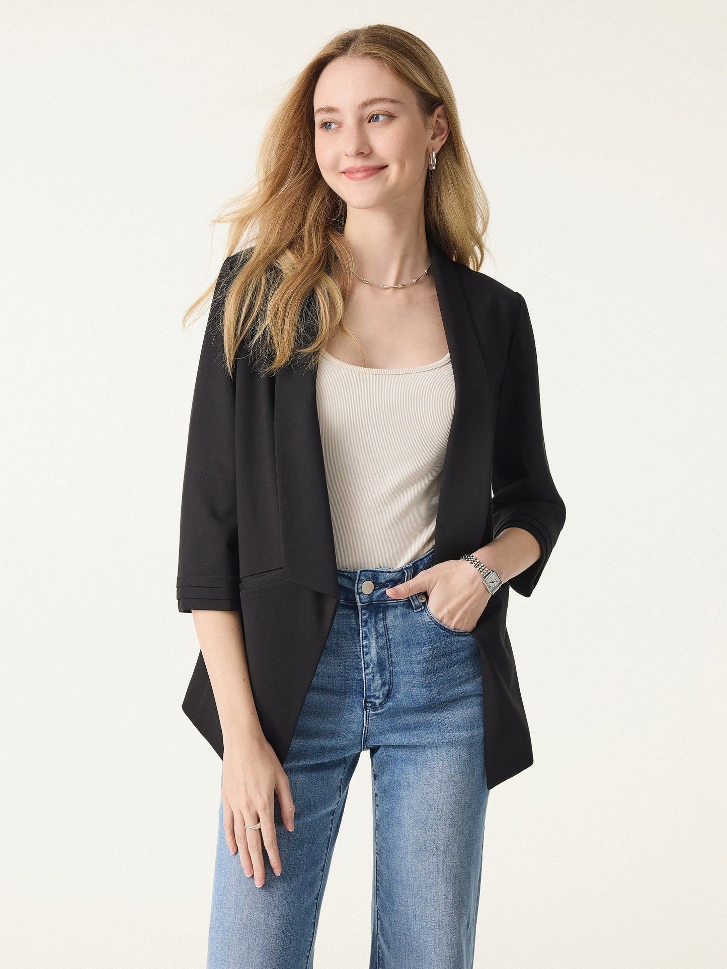 Stretch Ponte Shawl Lapel 3/4 Sleeve Blazer with Pockets