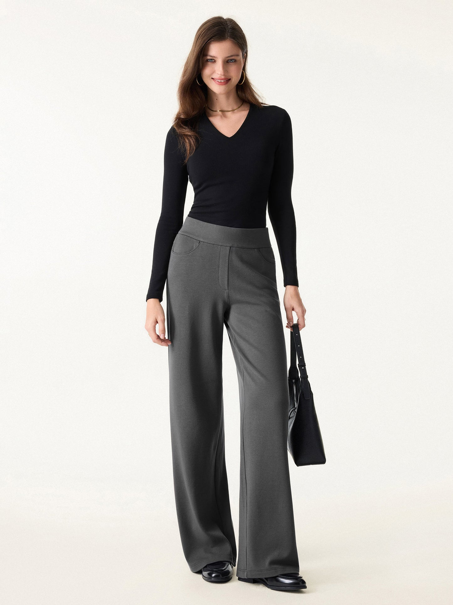 Mid Rise Wide Waistband Wide Leg Pull-on Pants with Pockets