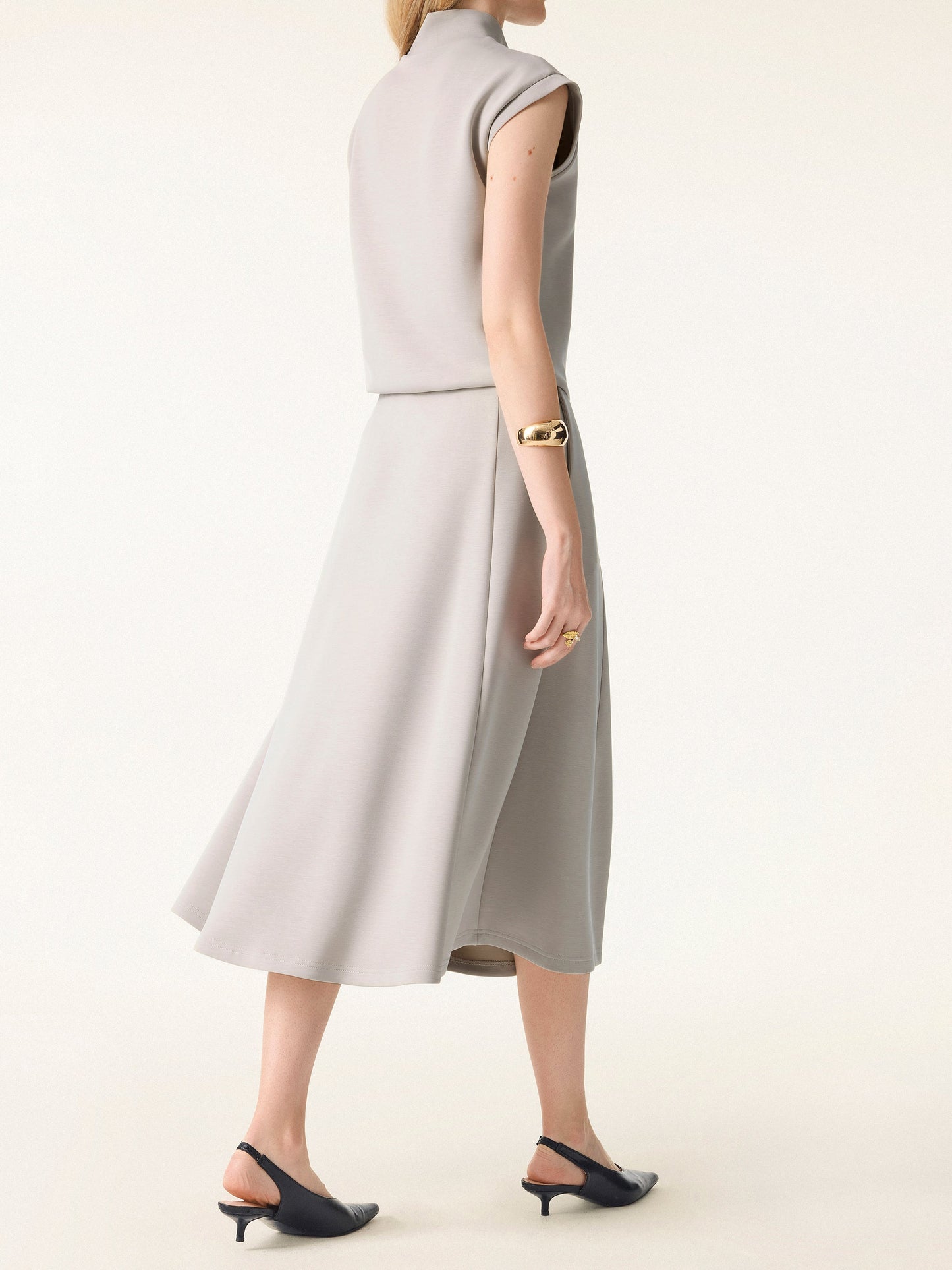 2Pcs Set V-neck Top with Sleeve Warmers & Mid Rise Flared Midi Skirt with Pockets