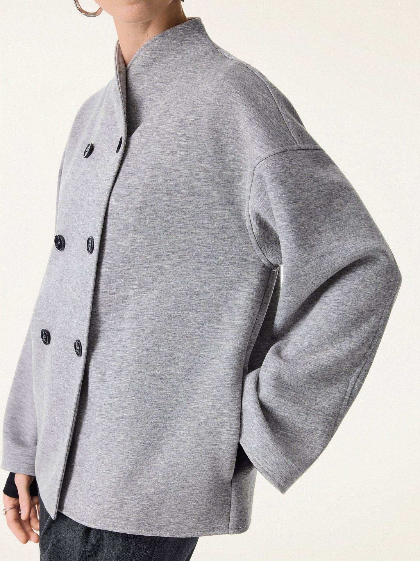 Stand Collar Double-Breasted Knit Jacket with Pockets