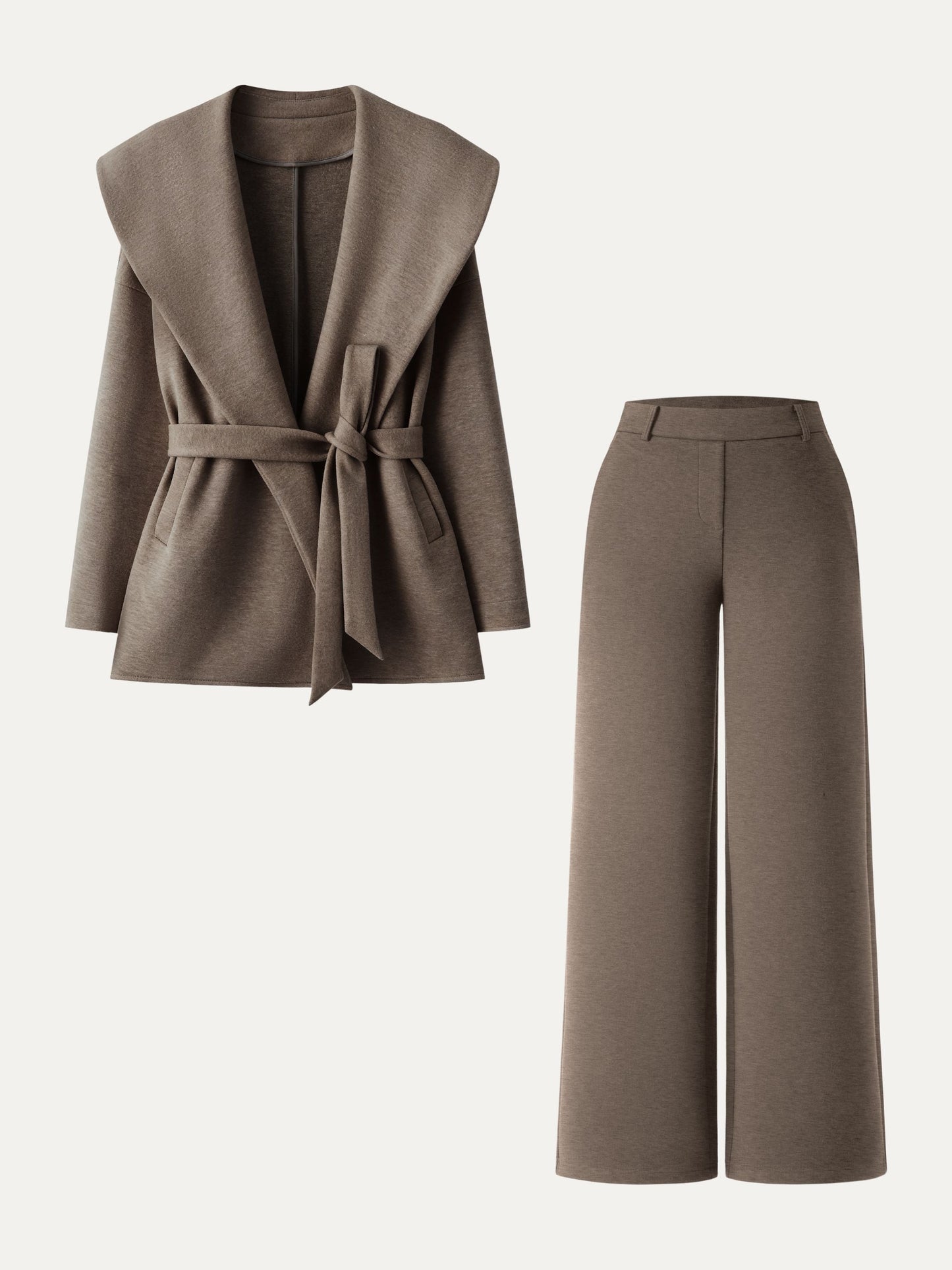 2Pcs Set Belted Shawl Collar Robe Jacket & Mid Rise Straight Pants with Pockets