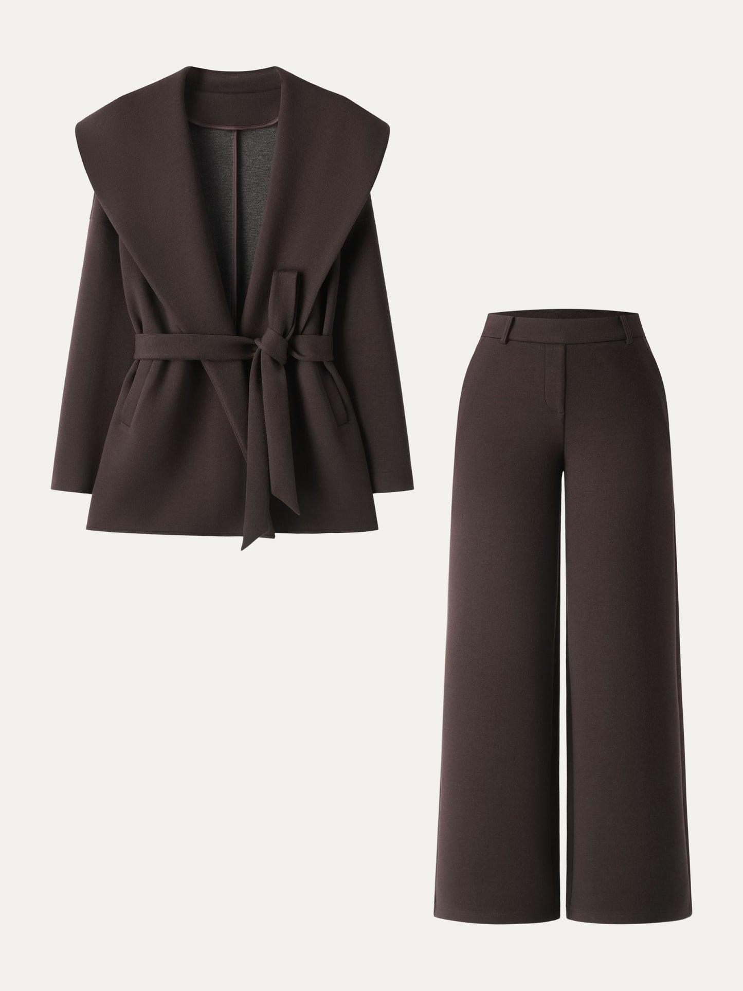 2Pcs Set Belted Shawl Collar Robe Jacket & Mid Rise Straight Pants with Pockets